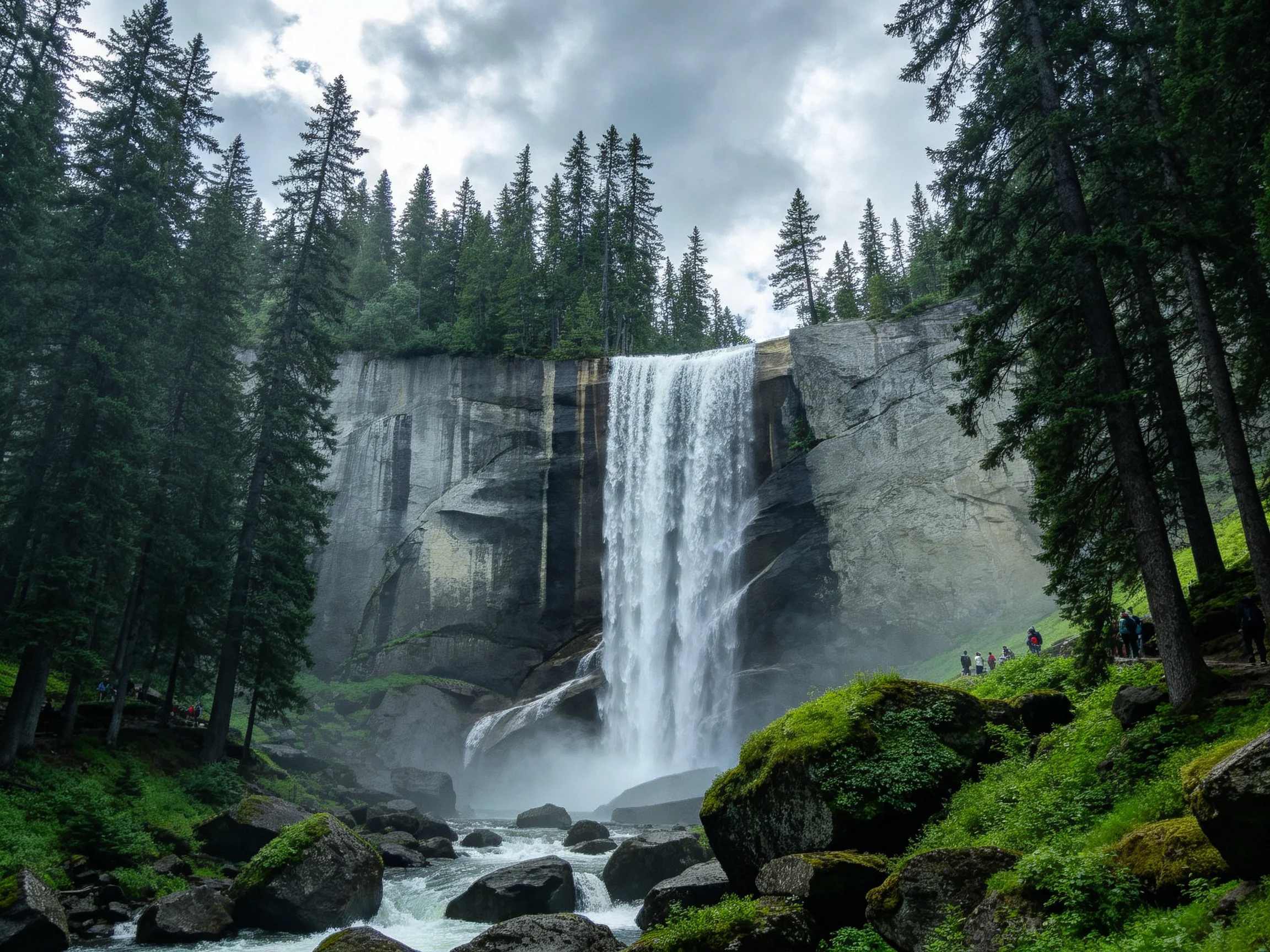 Dense evergreen forest surrounds a powerful waterfall over rocky cliffs