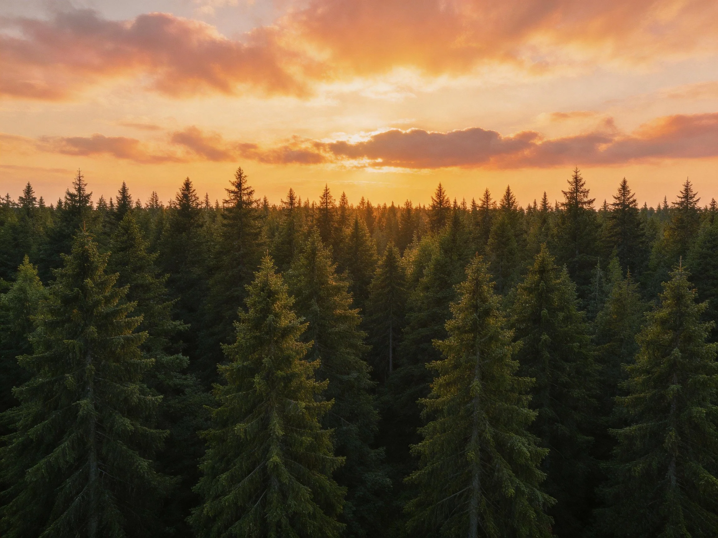 Dense evergreen forest under a colorful sunset sky