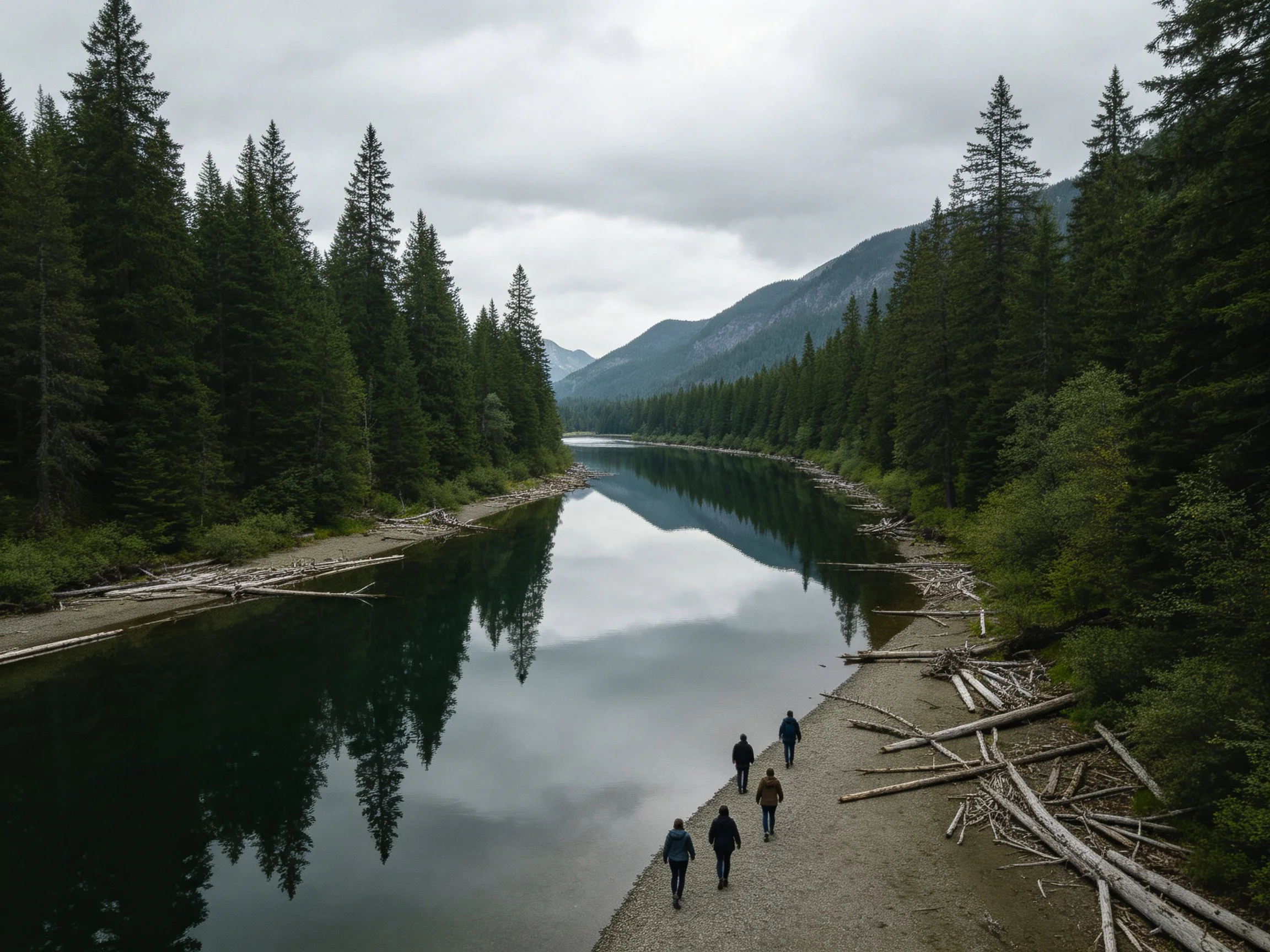 Dense evergreen forests border a calm river with hikers along the shore
