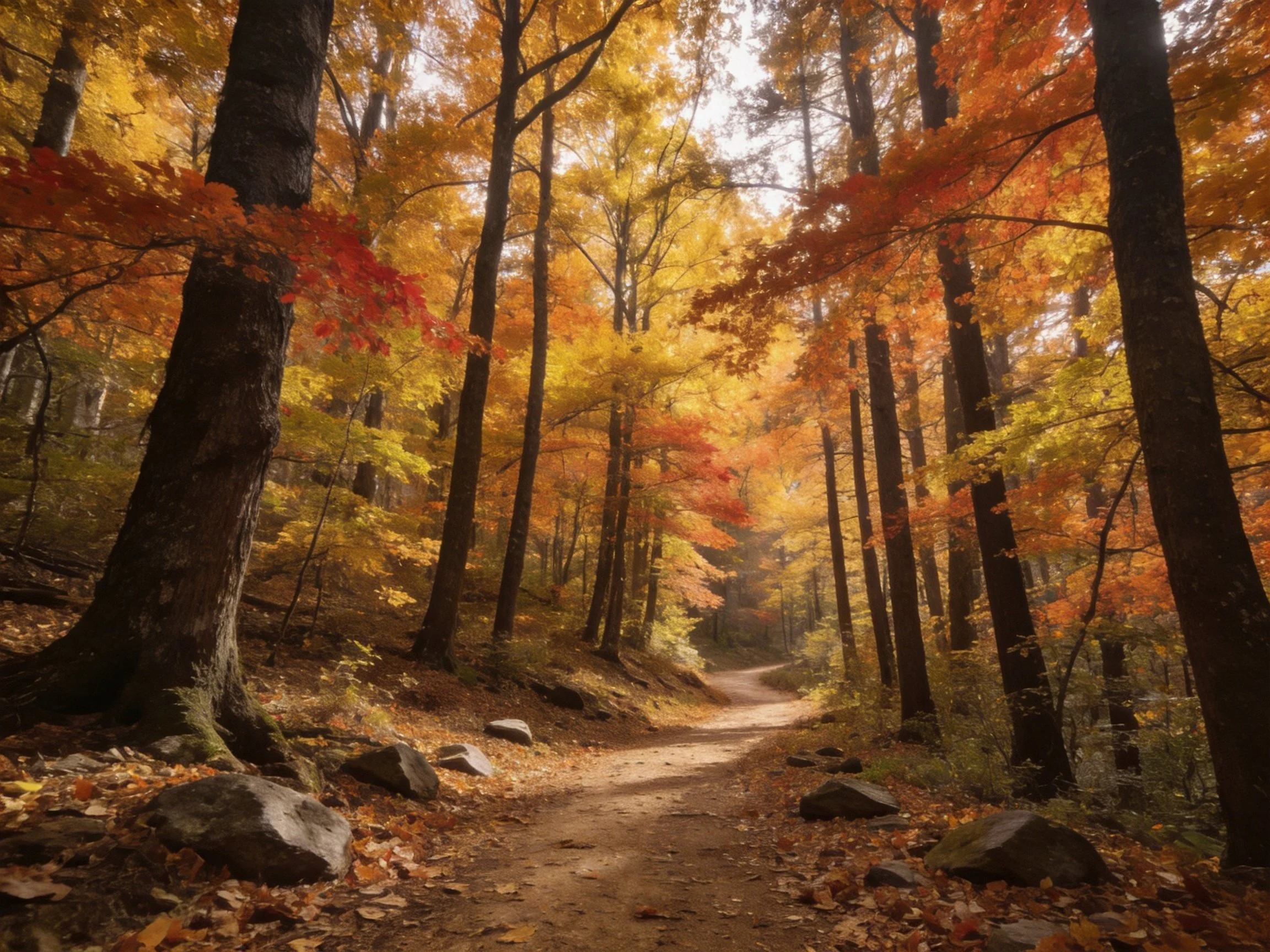 Dense forest path lined with colorful fall trees