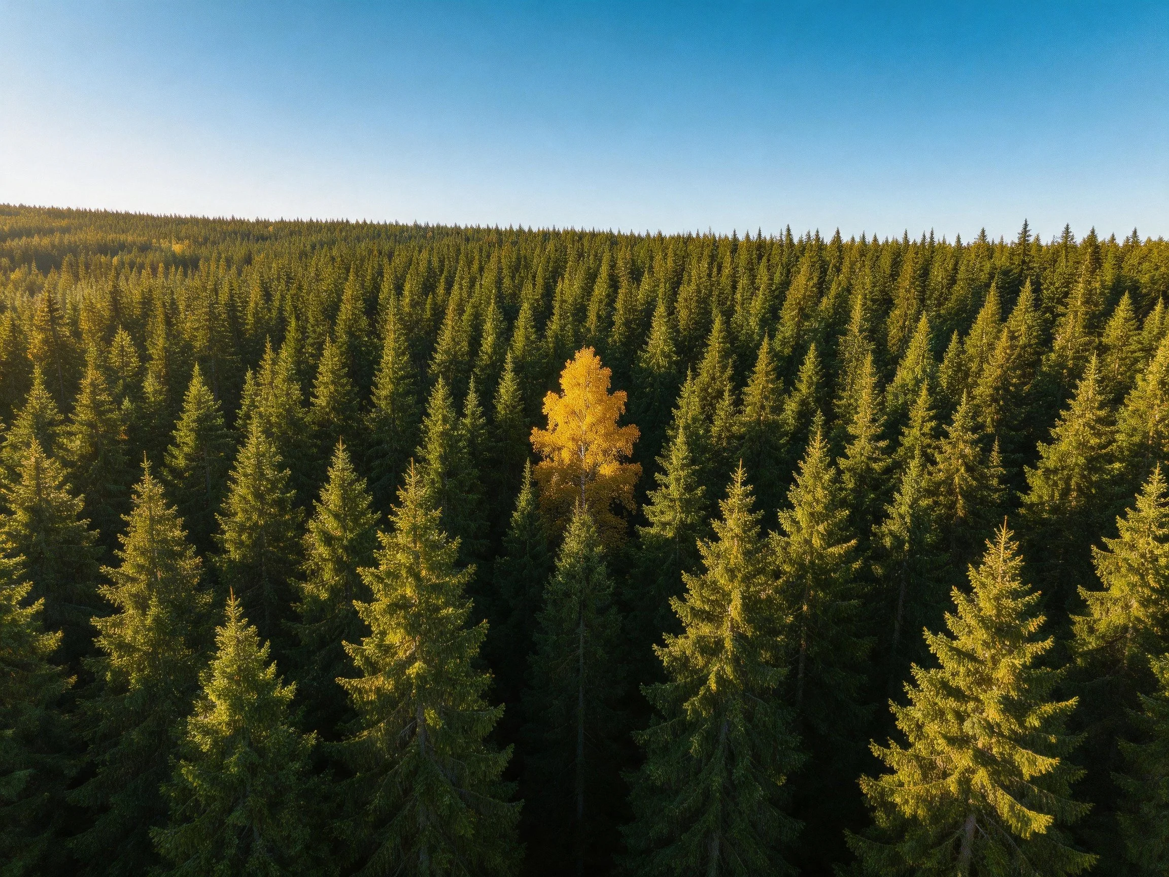 Dense forest with a single golden tree among green pines