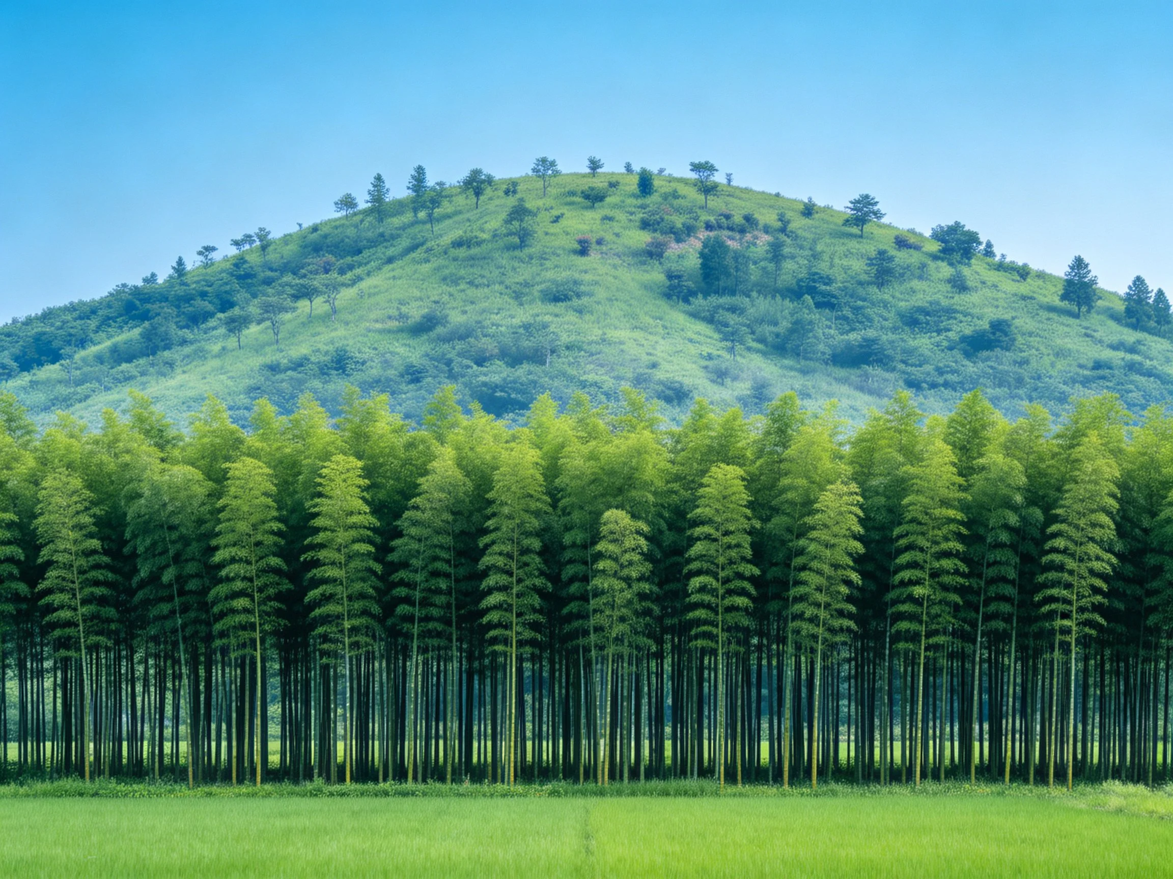 Dense tall bamboo stand before verdant hill under clear blue sky