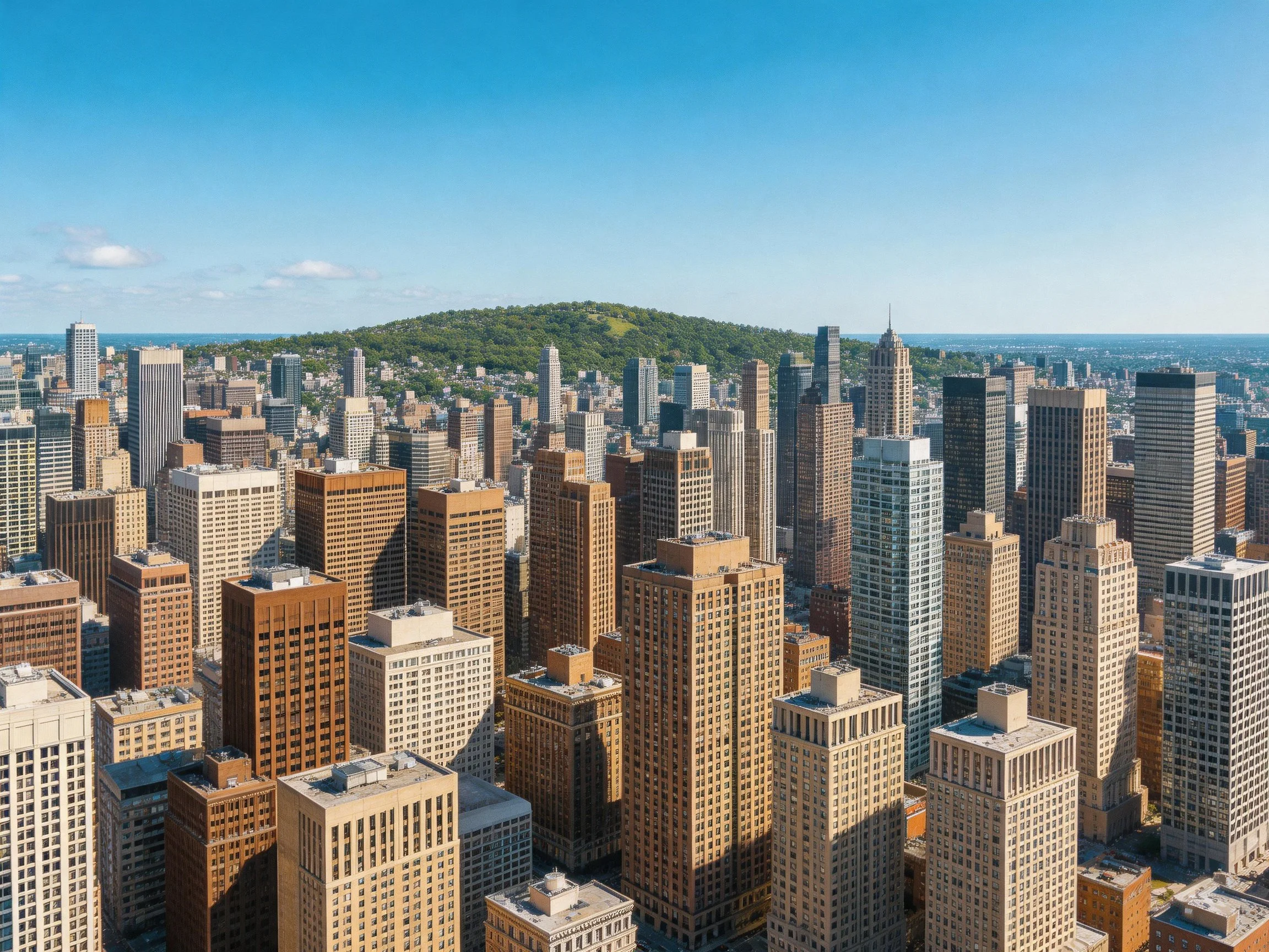 Dense urban skyline with varied skyscrapers and distant green hill