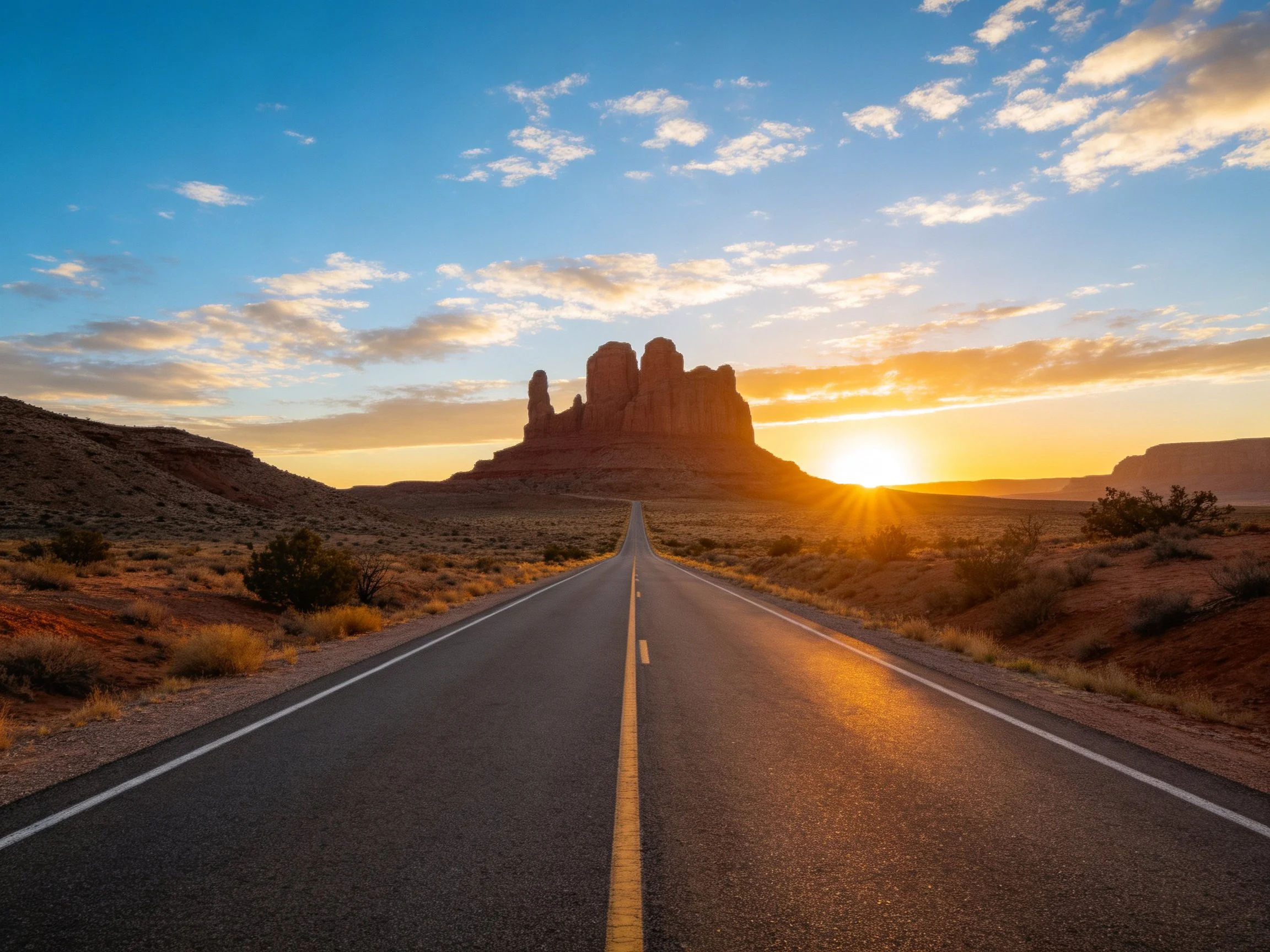 Desert Road Leading to Red Rock Formation at Sunset