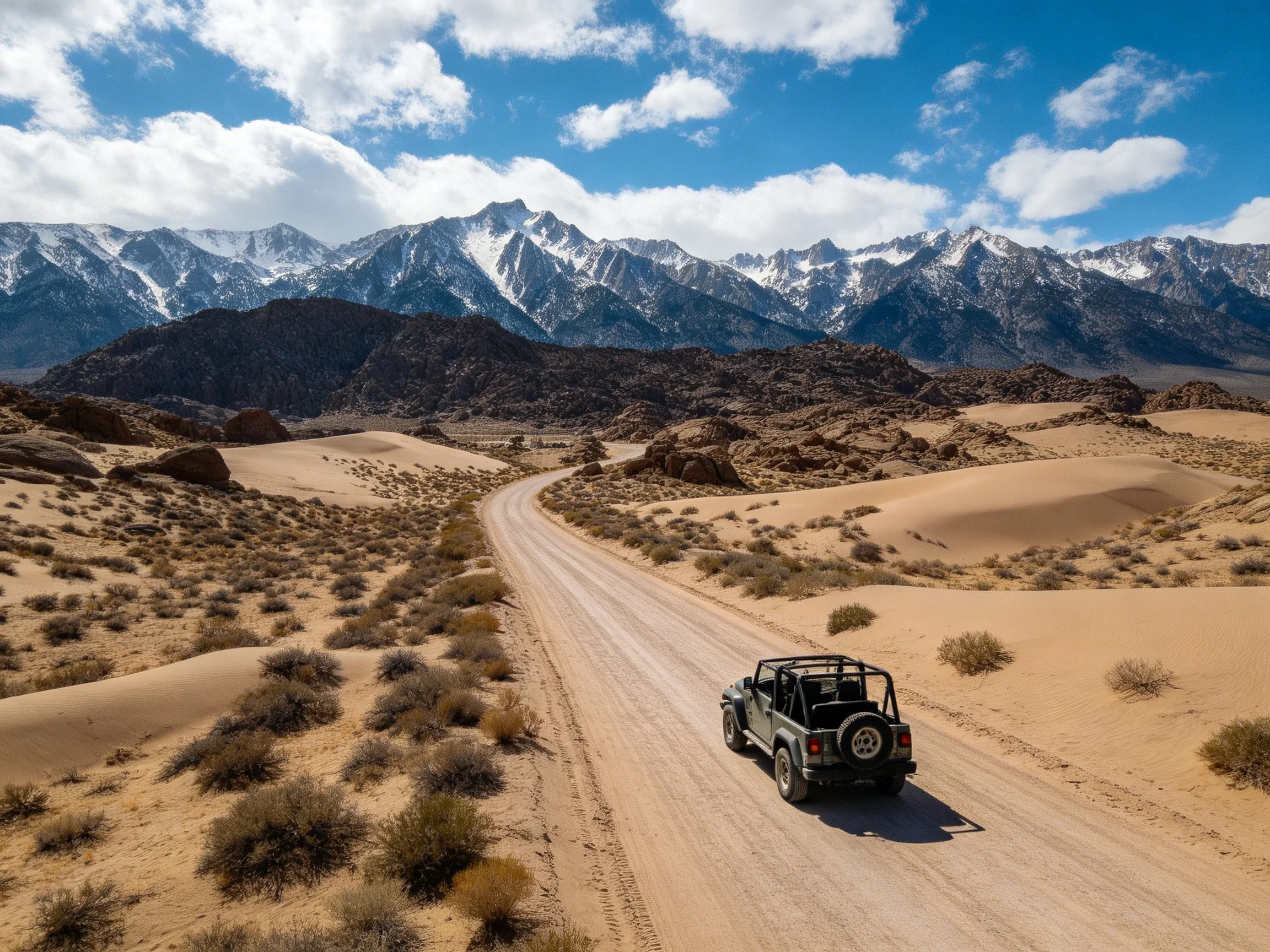 Desert Road with Jeep Near Snow-Capped Mountain Range