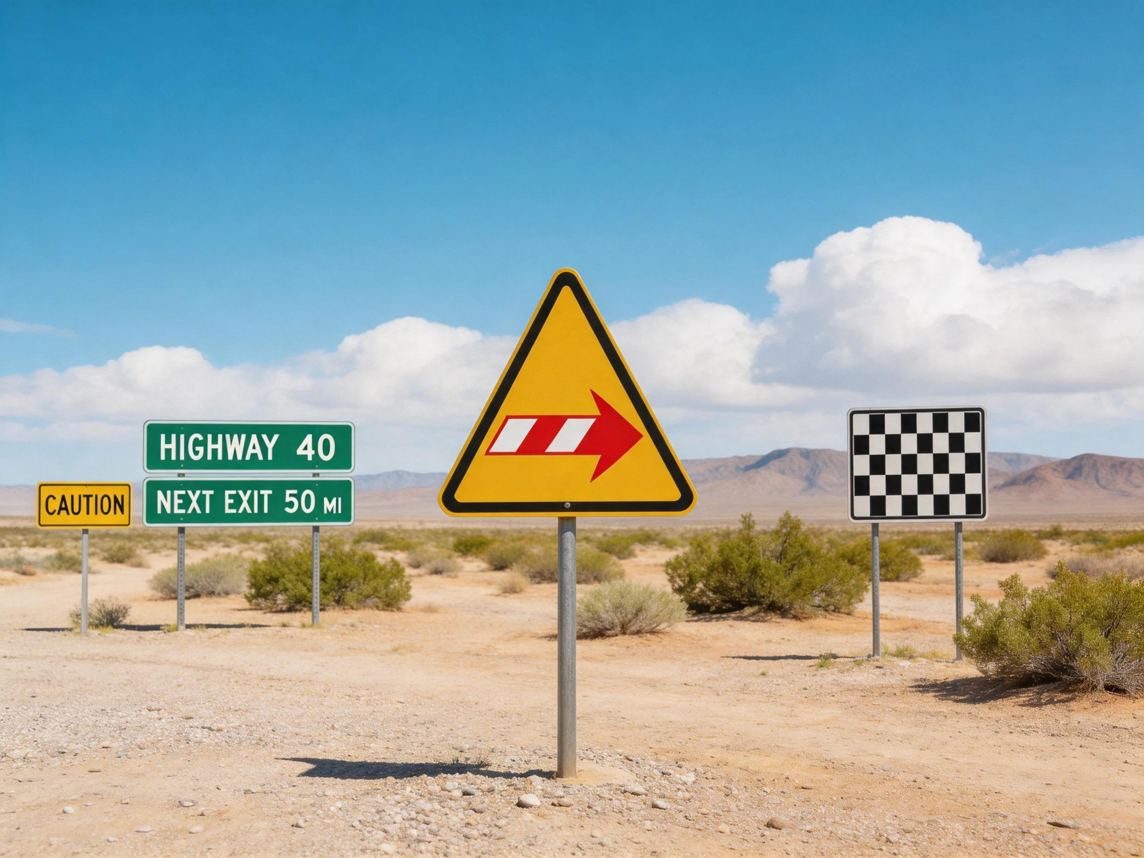 Desert Roadway with Yellow Triangle Sign and Highway Signs