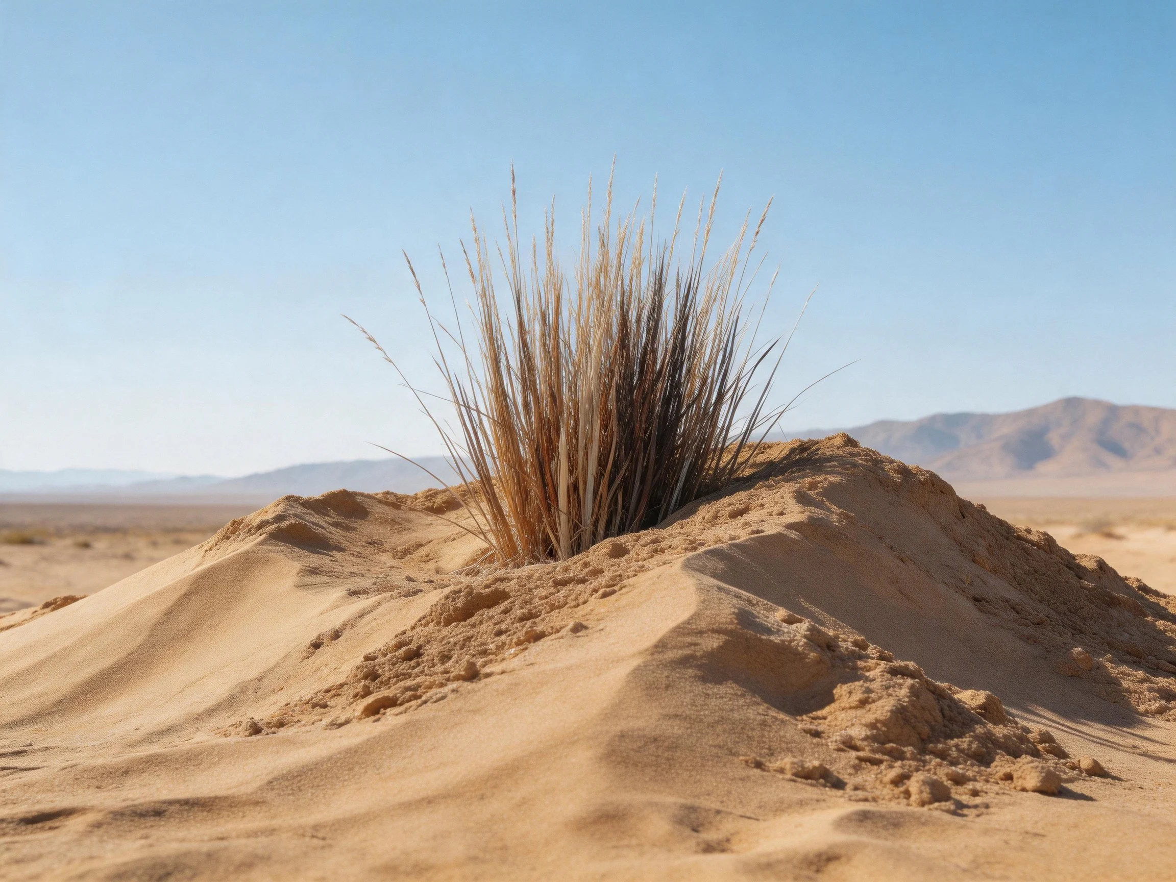 Desert Sand Dune with Tall Dry Grasses and Distant Mountains