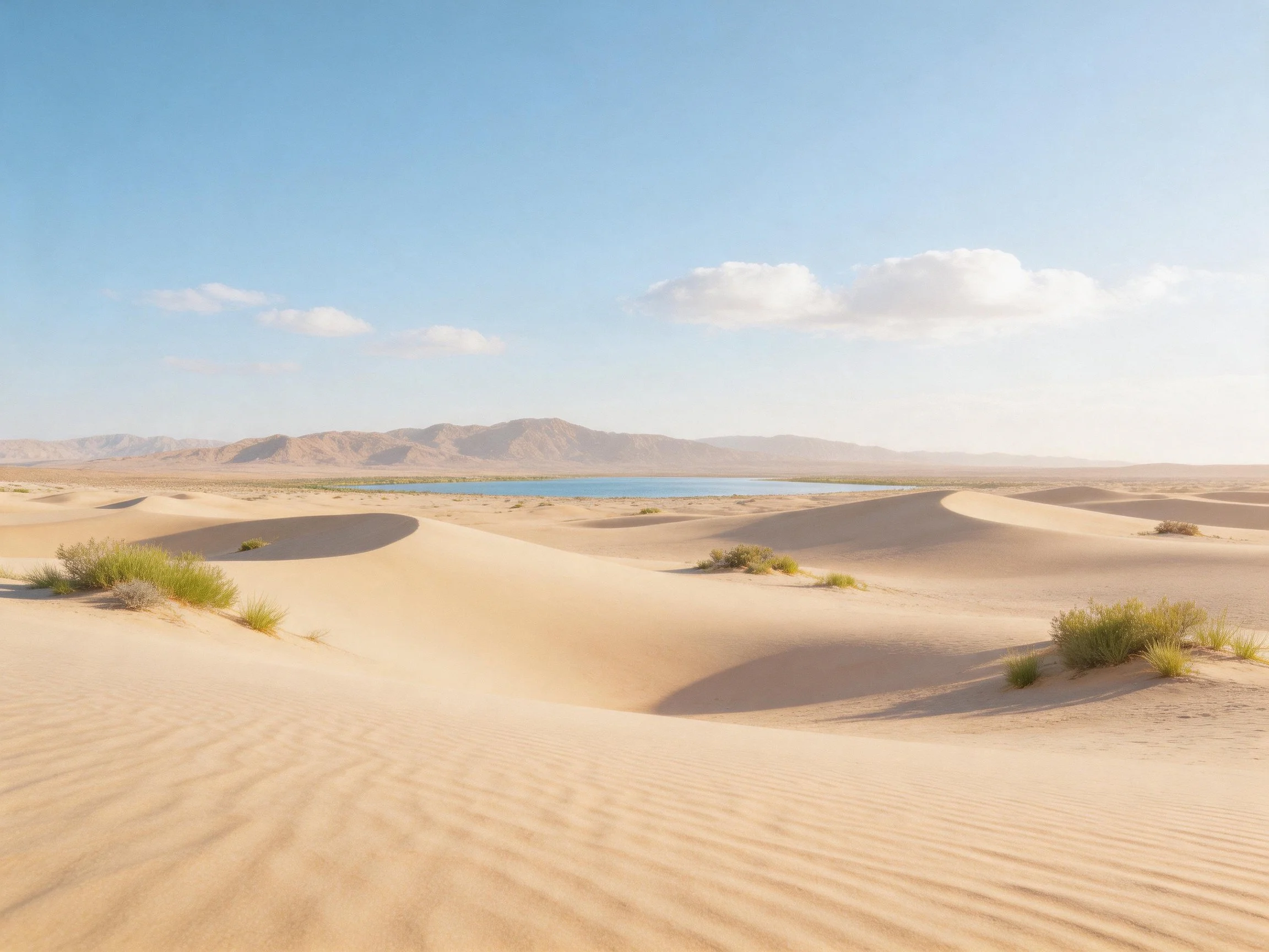 Desert Sand Dunes with Blue Lake and Distant Mountains