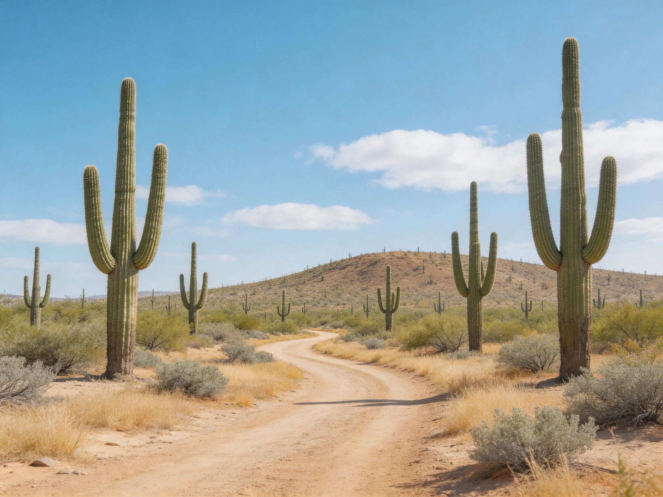Desert Scene with Tall Green Saguaros and Winding Dirt Road
