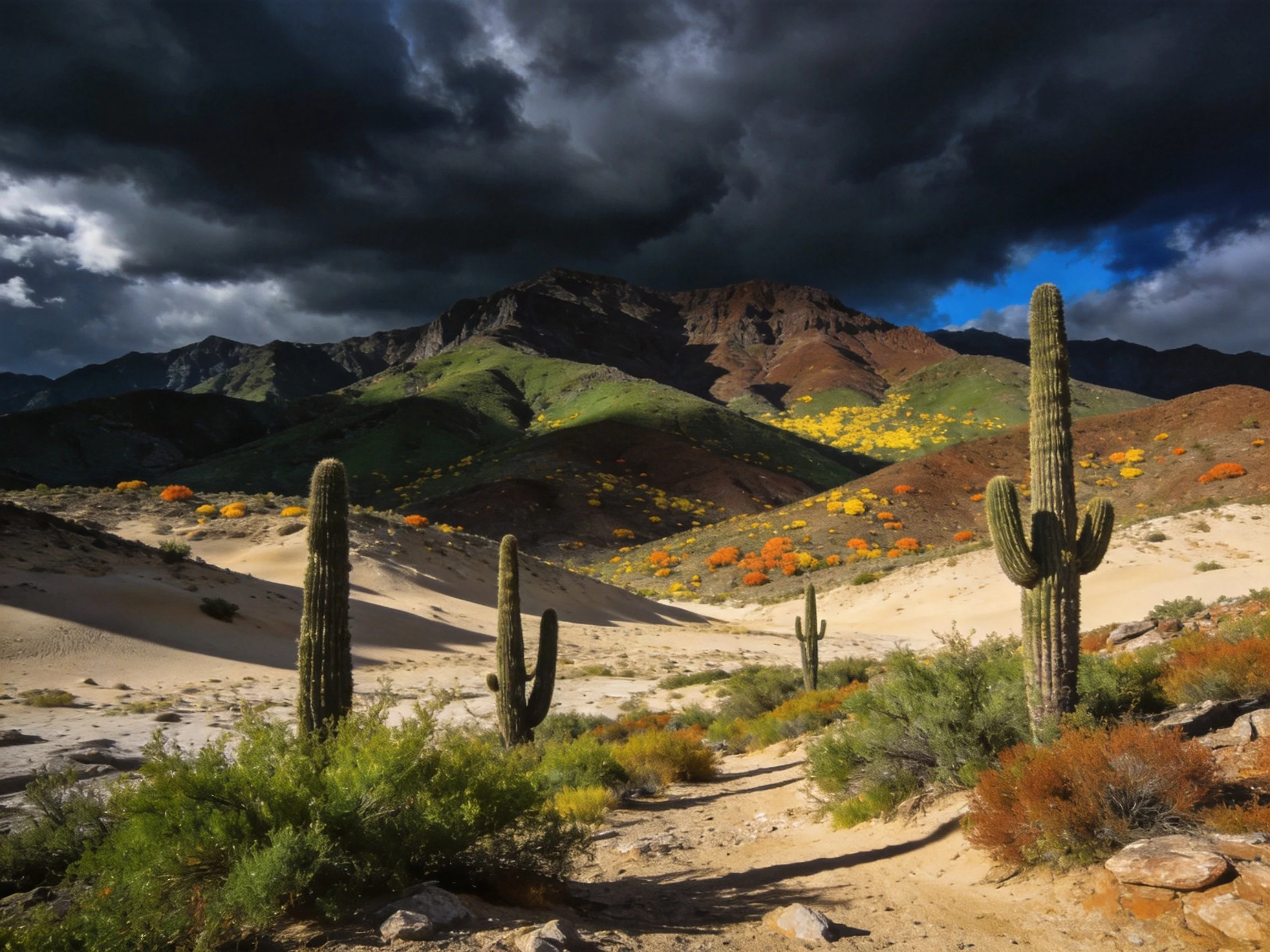 Desert canyon with tall cacti, colorful hills, and stormy sky