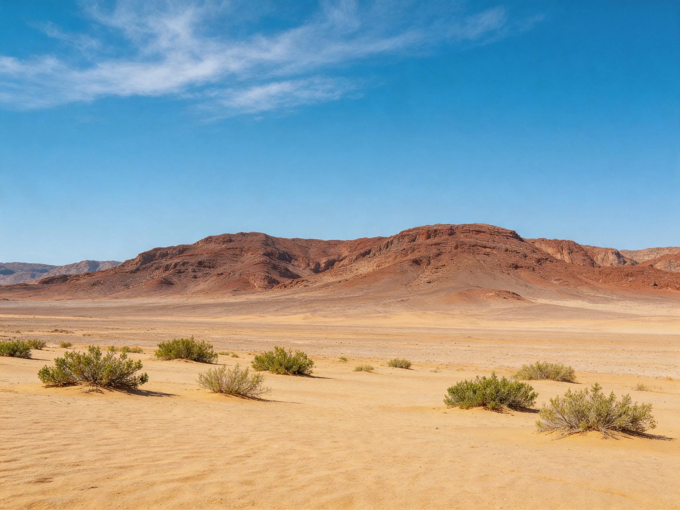 Desert landscape with golden sand, green shrubs, and reddish mountains