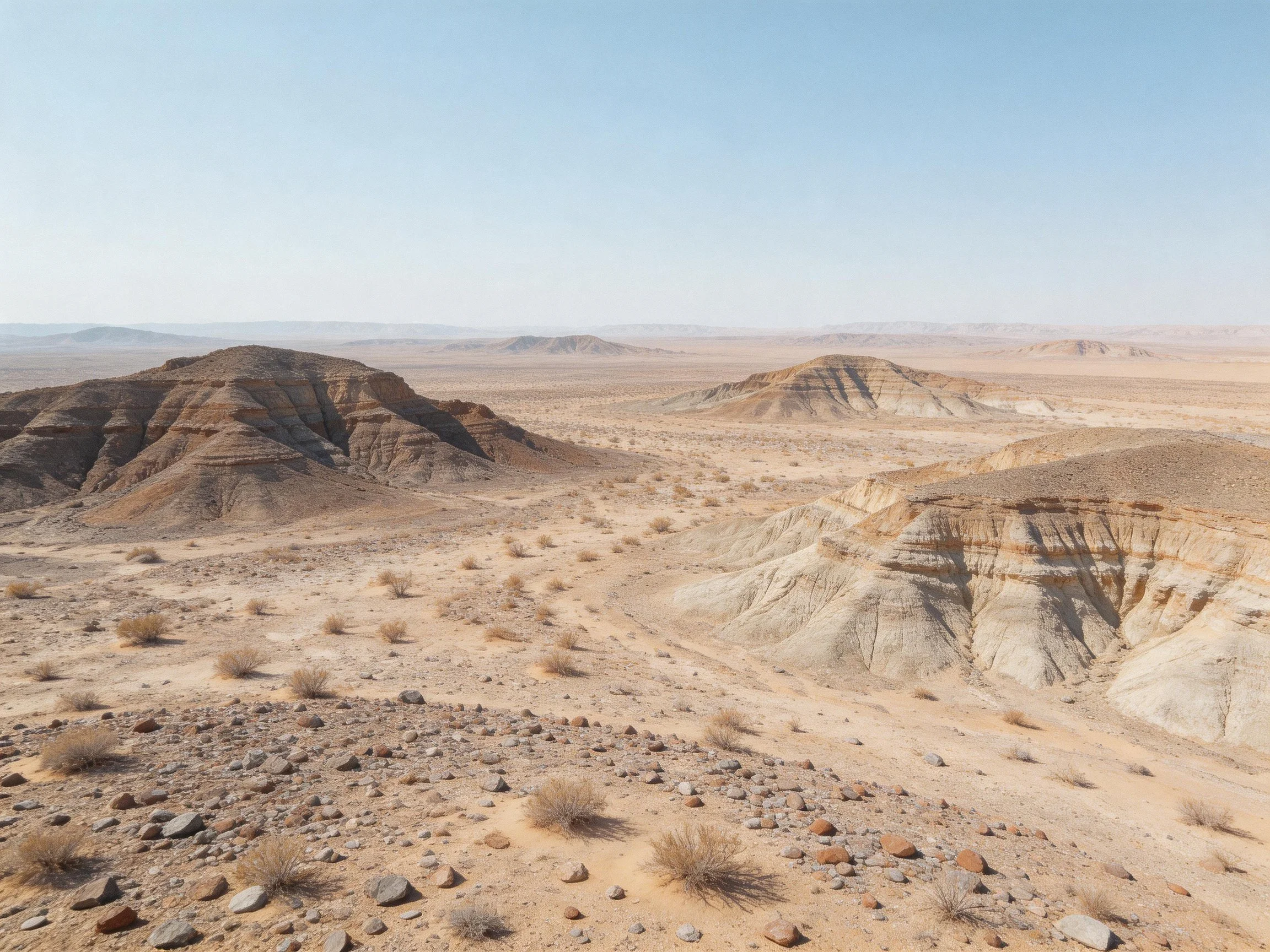 Desert landscape with layered rock formations and sandy plains