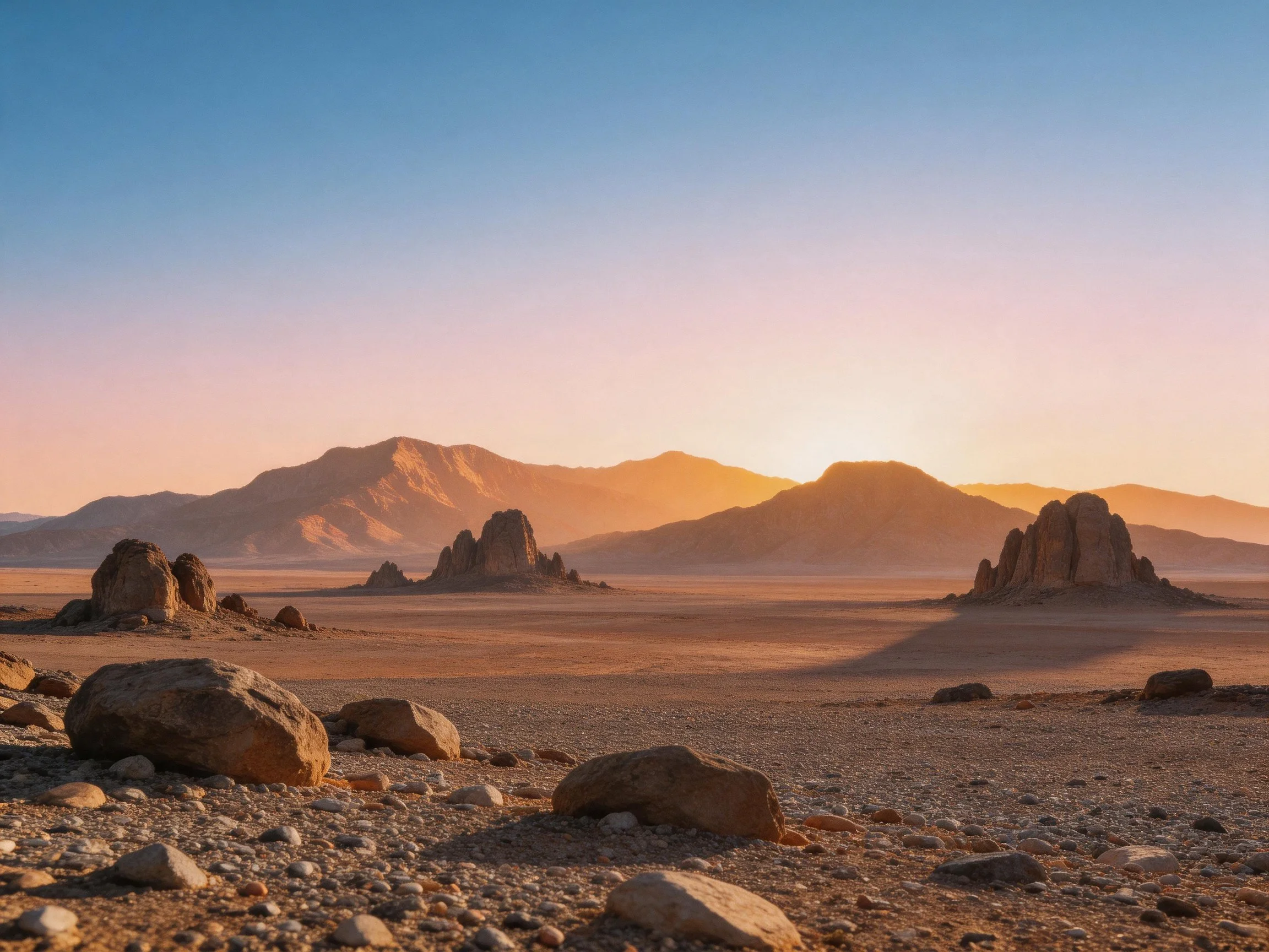 Desert landscape with rocky formations, distant mountains, warm sunset hues