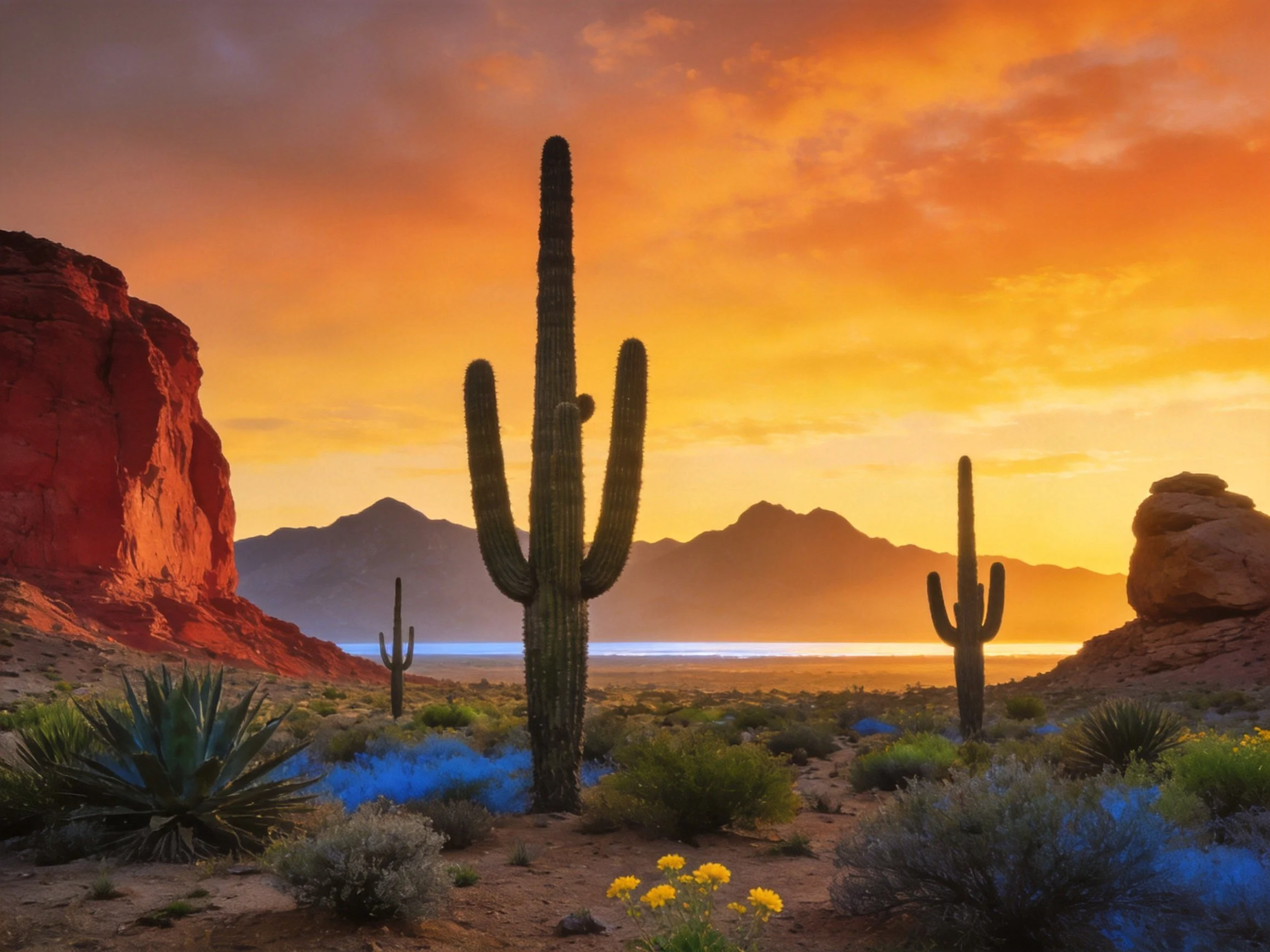 Desert landscape with tall cacti and red rock formations at sunset
