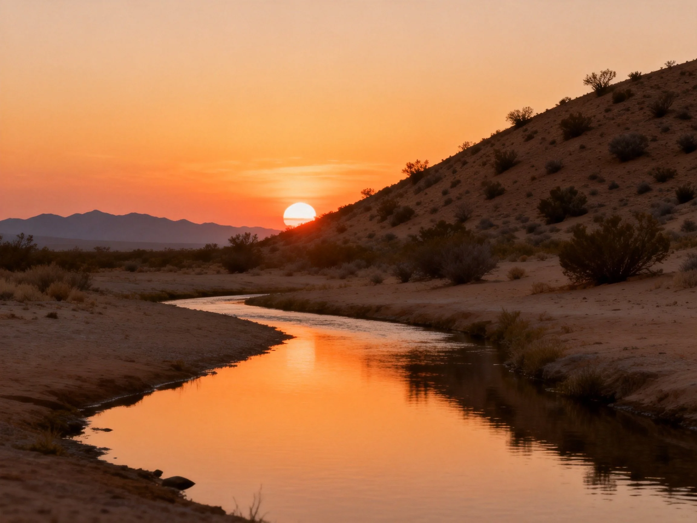 Desert river reflecting sunset hues near rocky hills