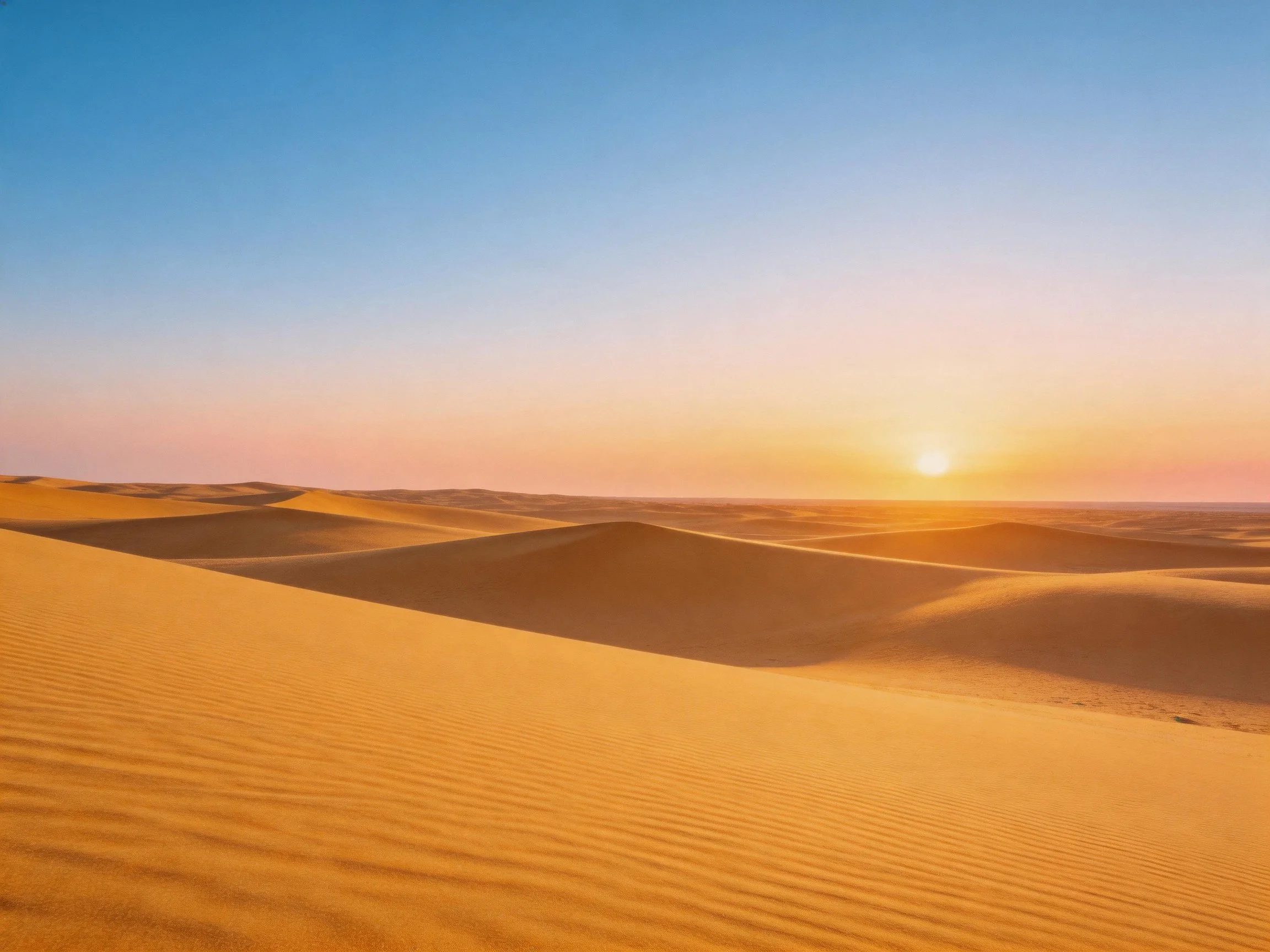 Desert sand dunes bathed in golden sunset light