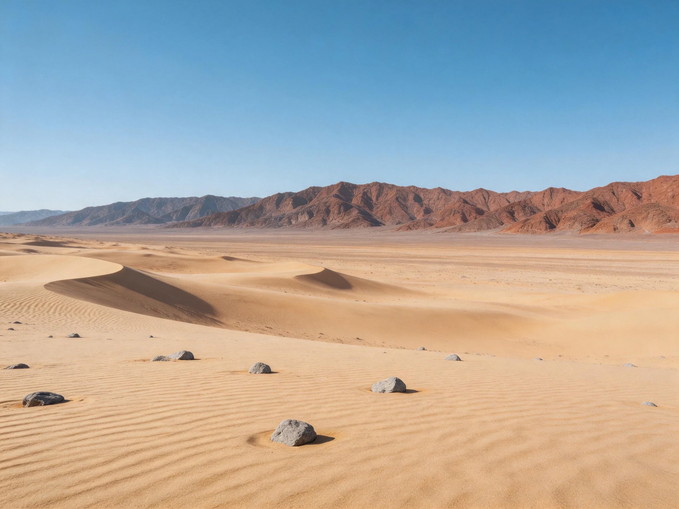 Desert sand dunes with scattered rocks and distant reddish mountains