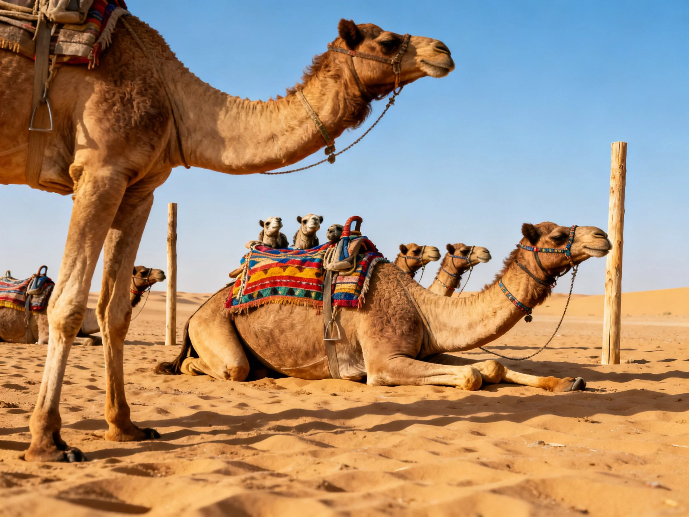 Desert scene with camels resting on golden sand