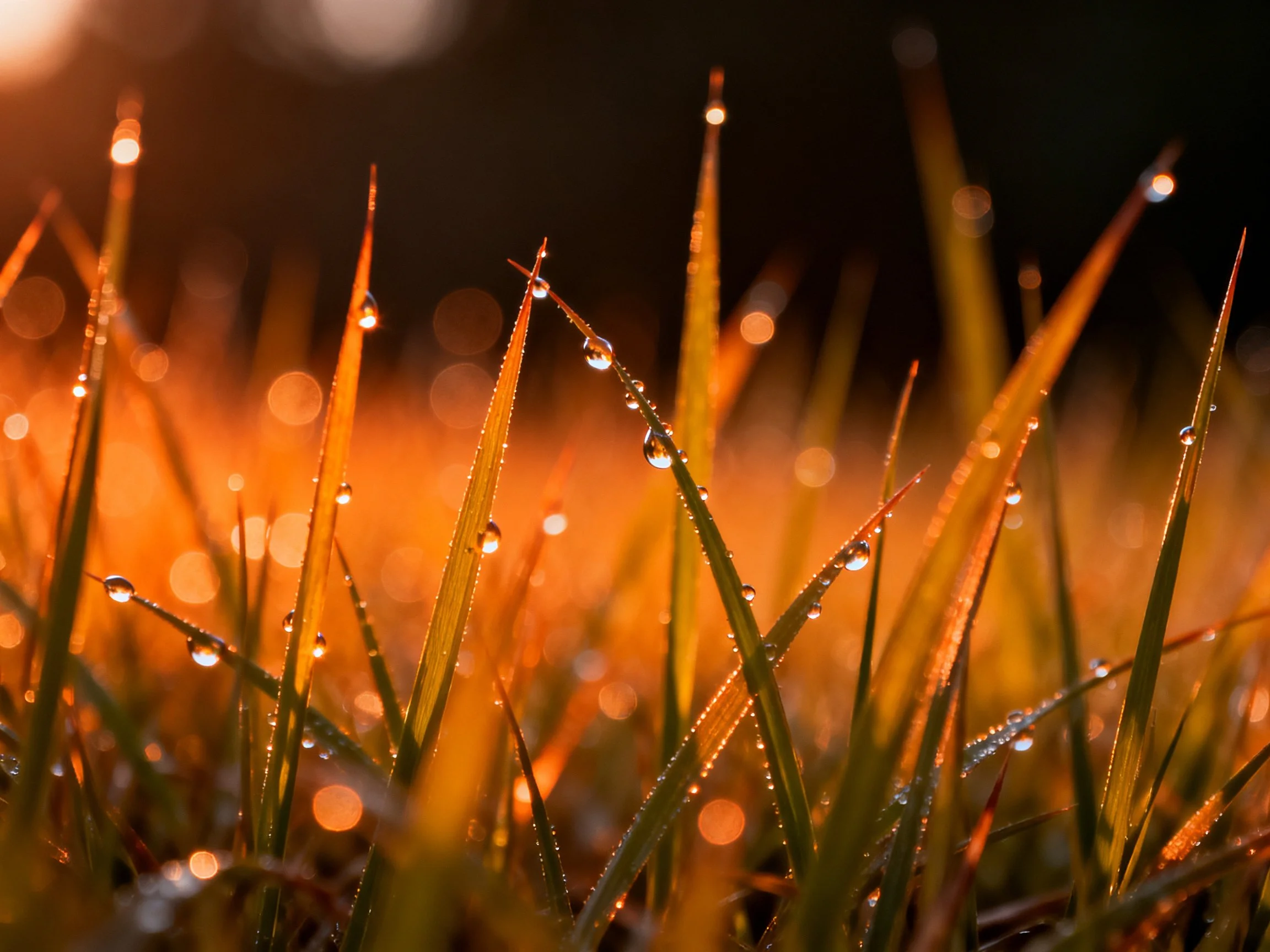 Dew-Capped Grass Blades Illuminated by Warm Golden Light