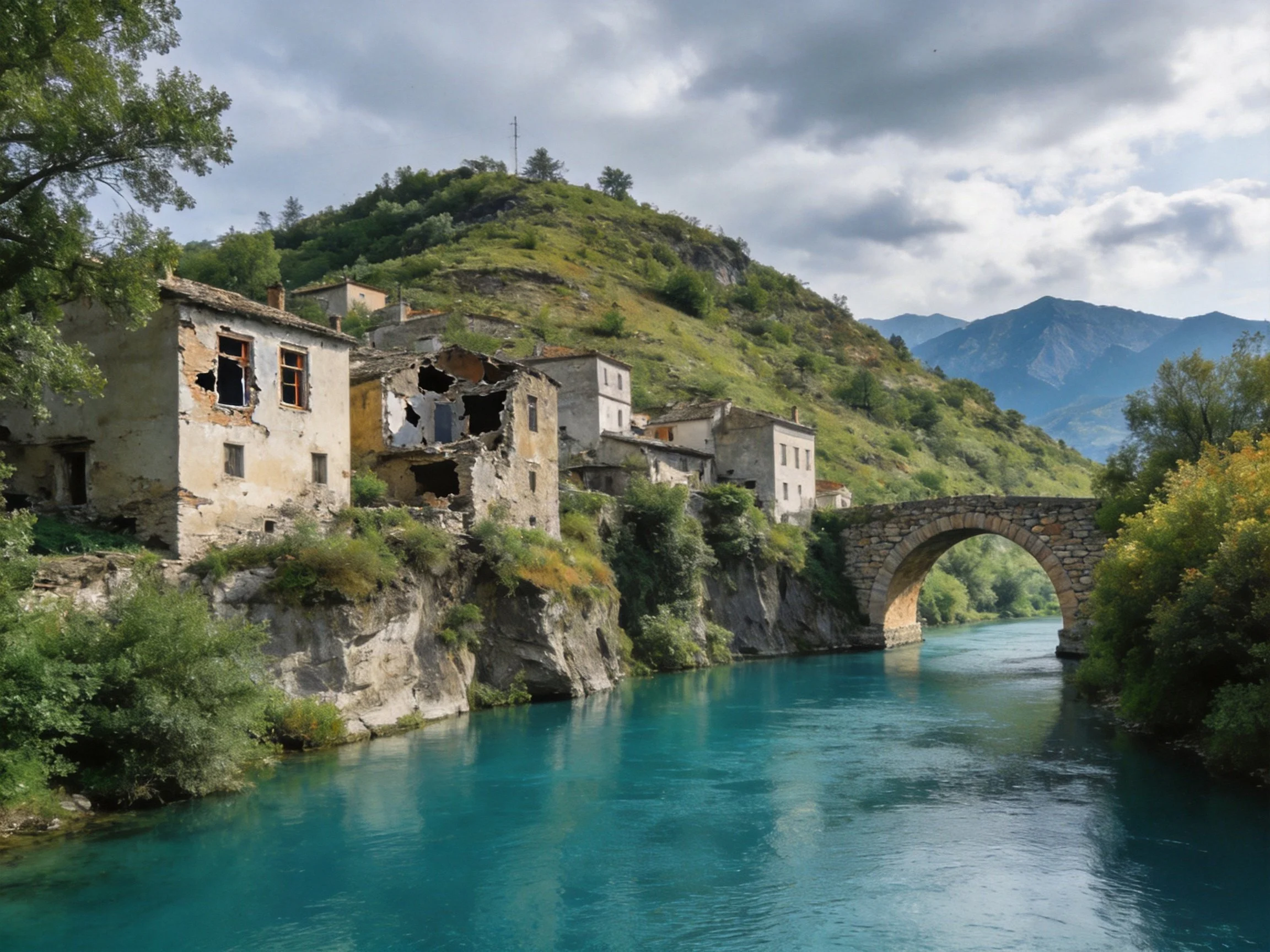 Dilapidated stone structures by turquoise river with arch bridge