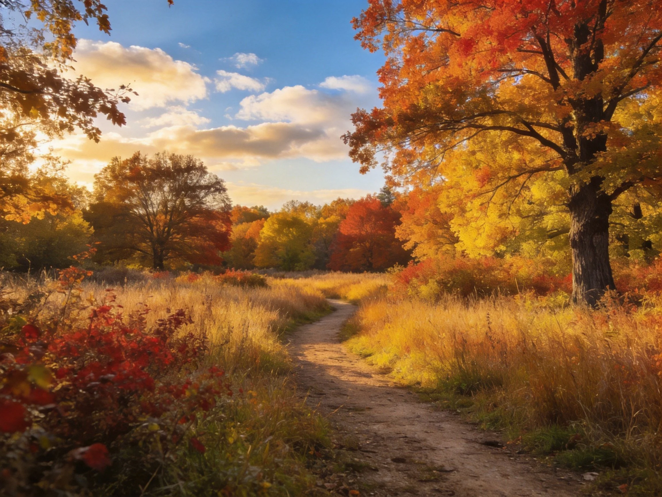 Dirt path winding through colorful autumn forest