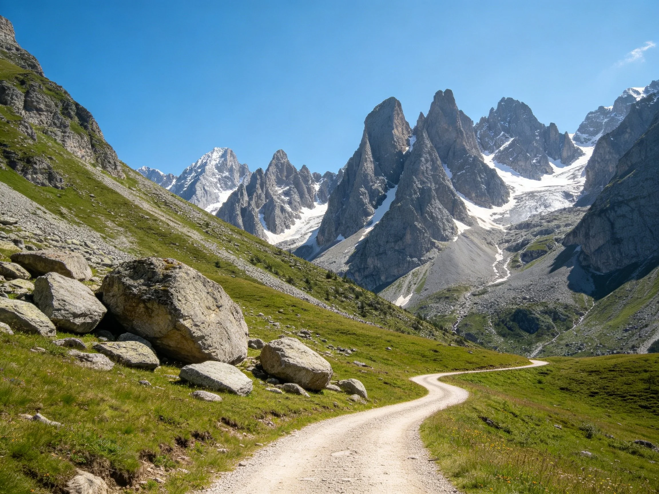 Dirt path winds past boulders toward towering snow-capped peaks