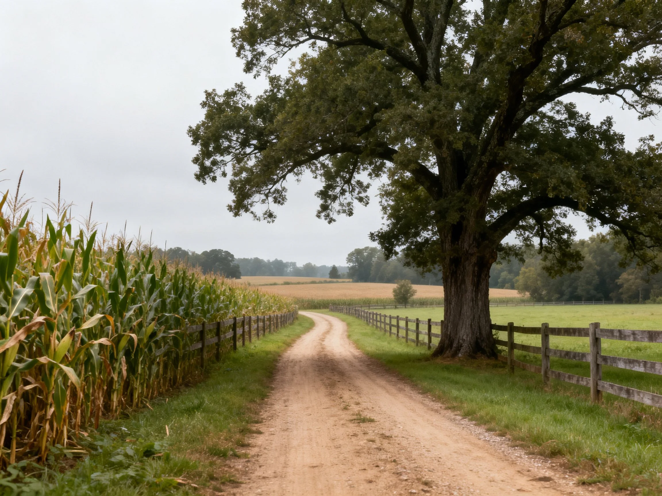 Dirt road between cornfield and large oak tree
