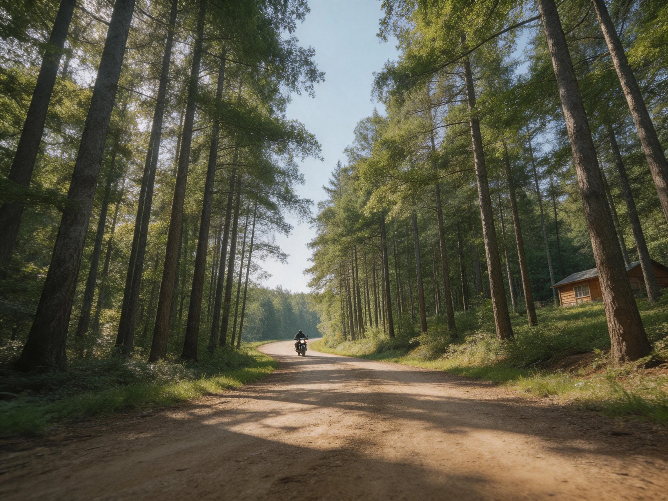 Dirt road winding through tall pine forests with a motorcyclist