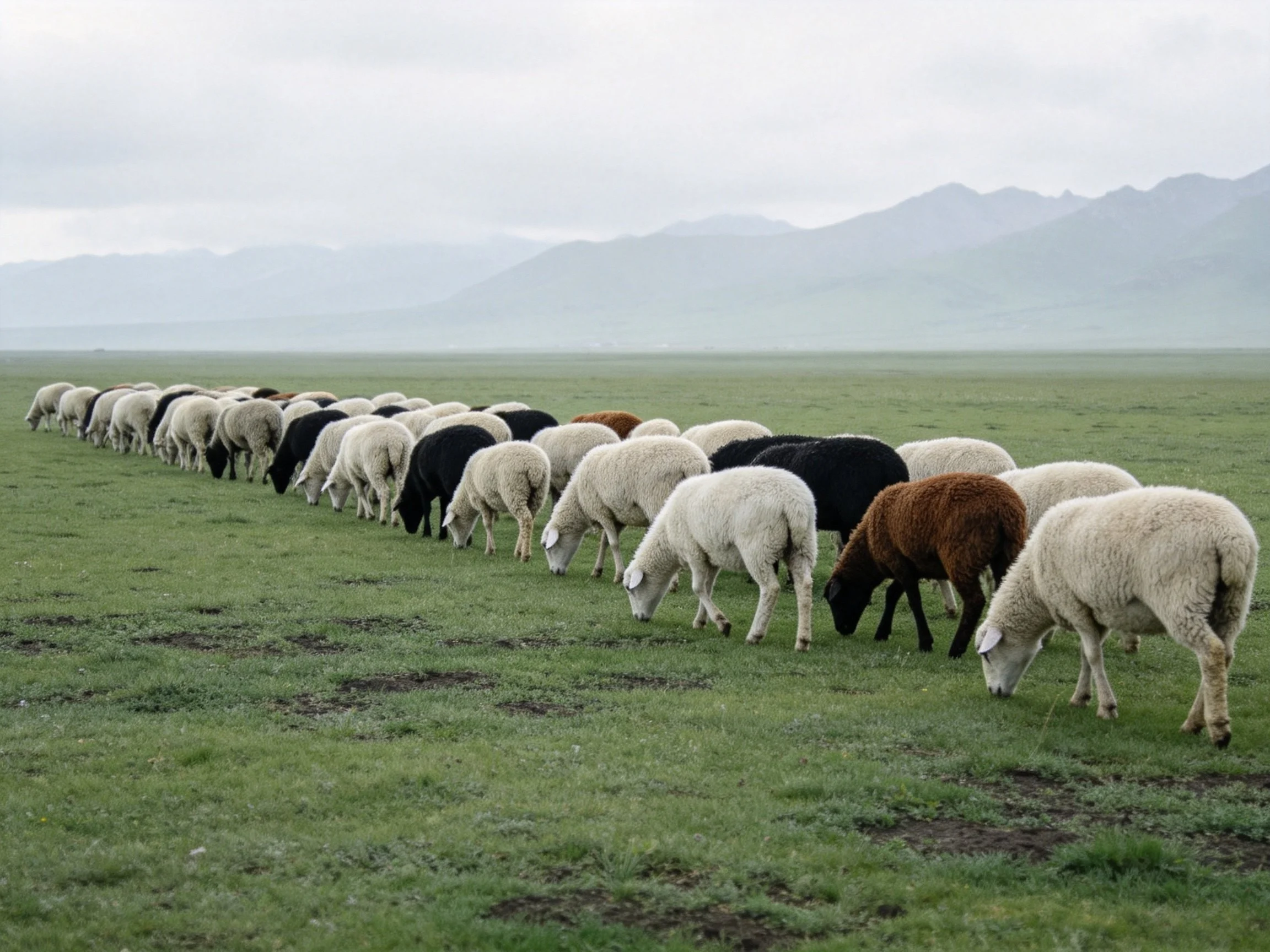 Diverse flock of sheep grazing in expansive green meadow near misty mountains