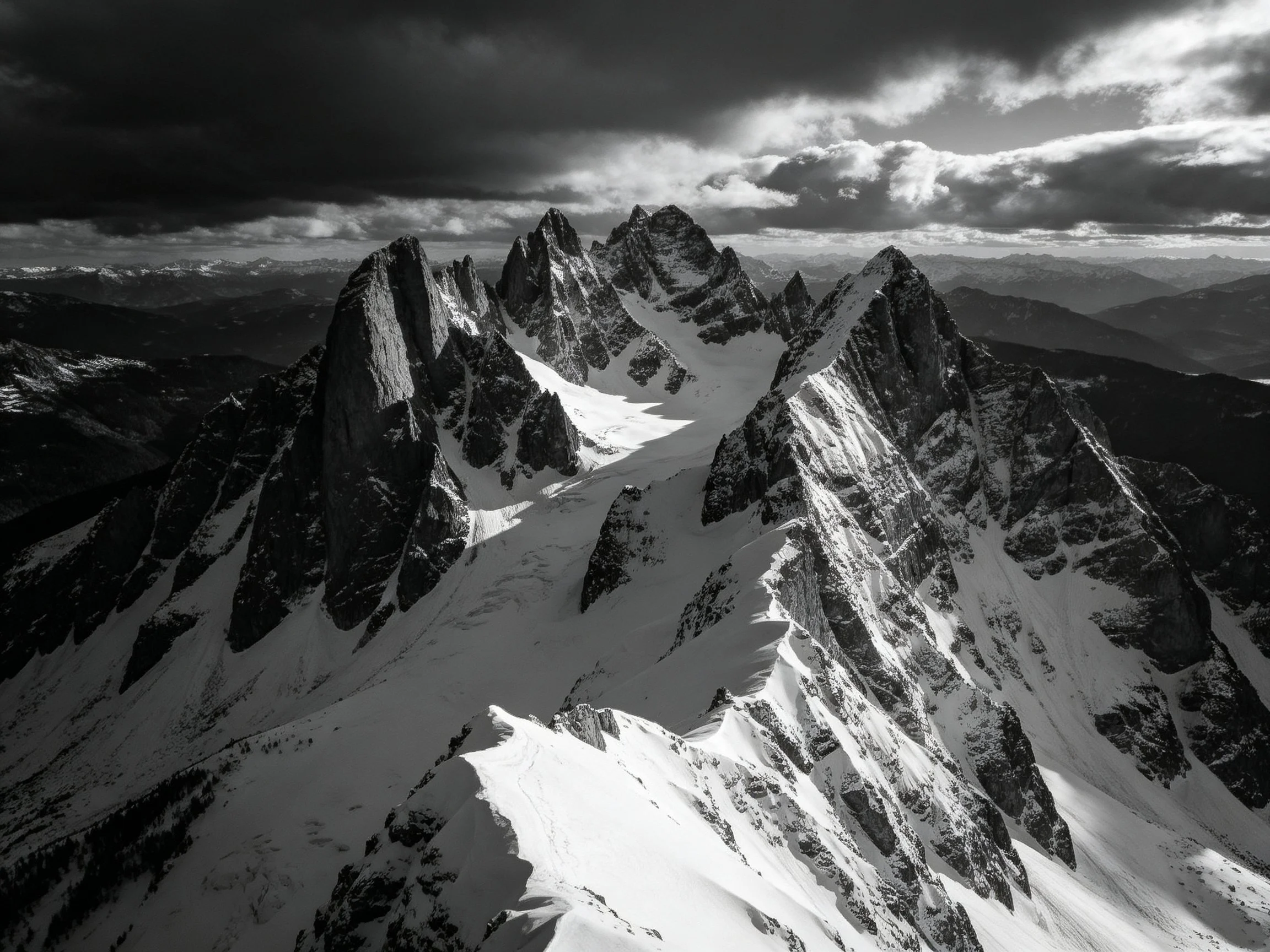 Dramatic Black and White View of Jagged Snow-Capped Peaks