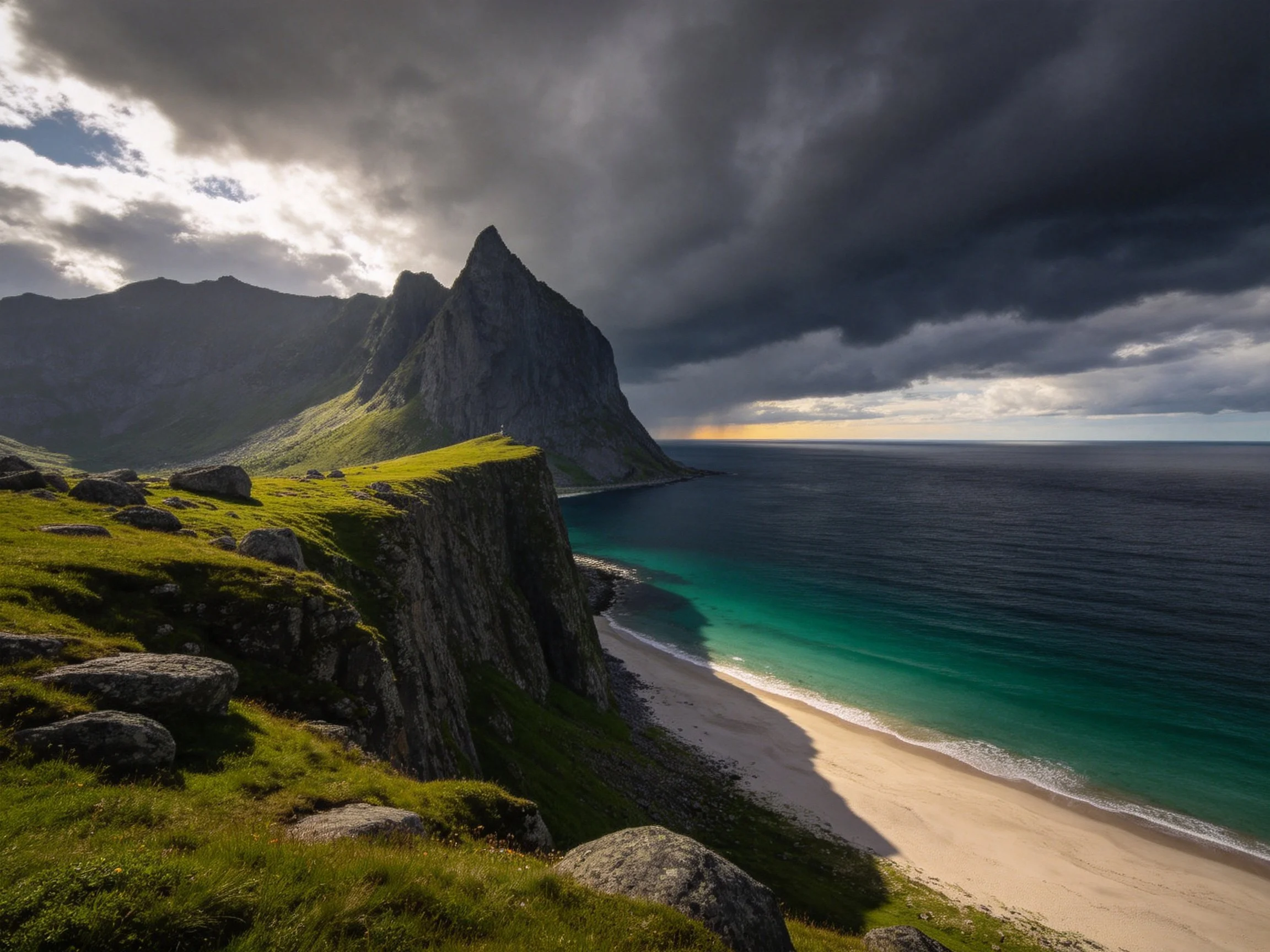 Dramatic Coastal Cliffs with Turquoise Waters and Stormy Skies