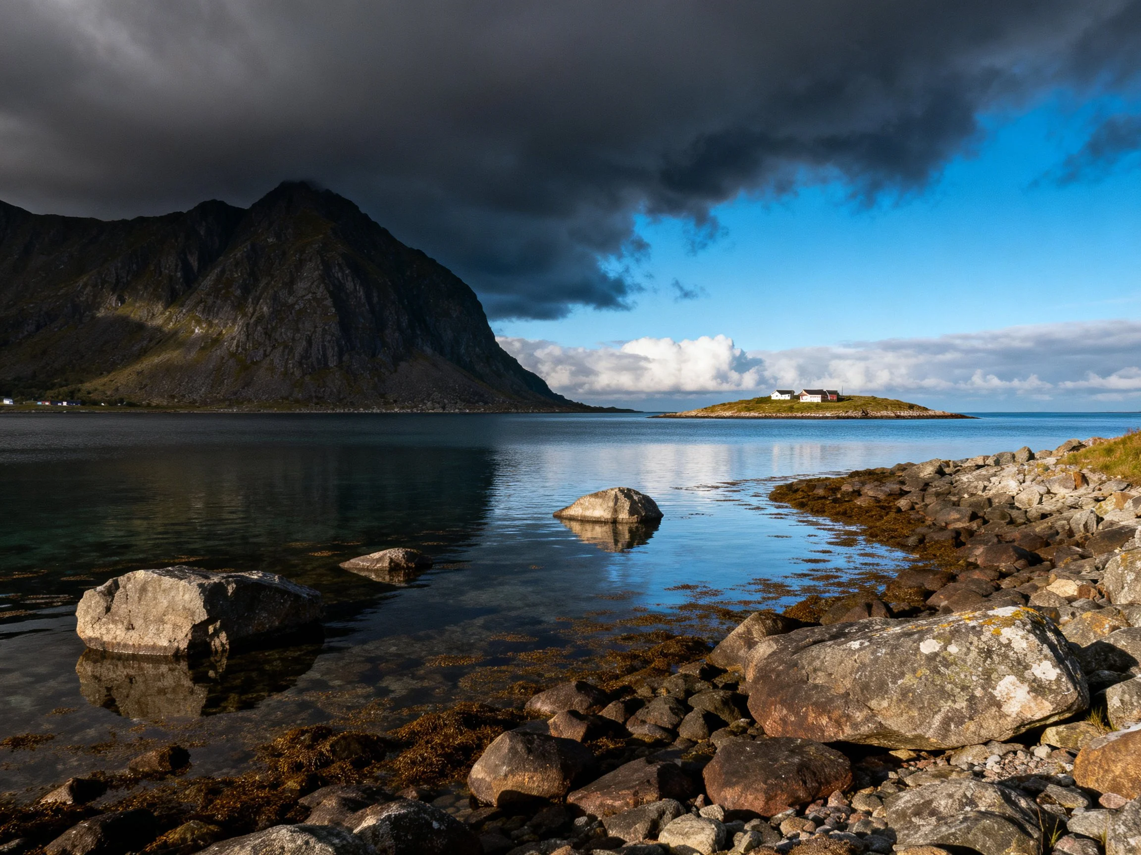 Dramatic Coastal Landscape with Mountain, Rocks, and Island