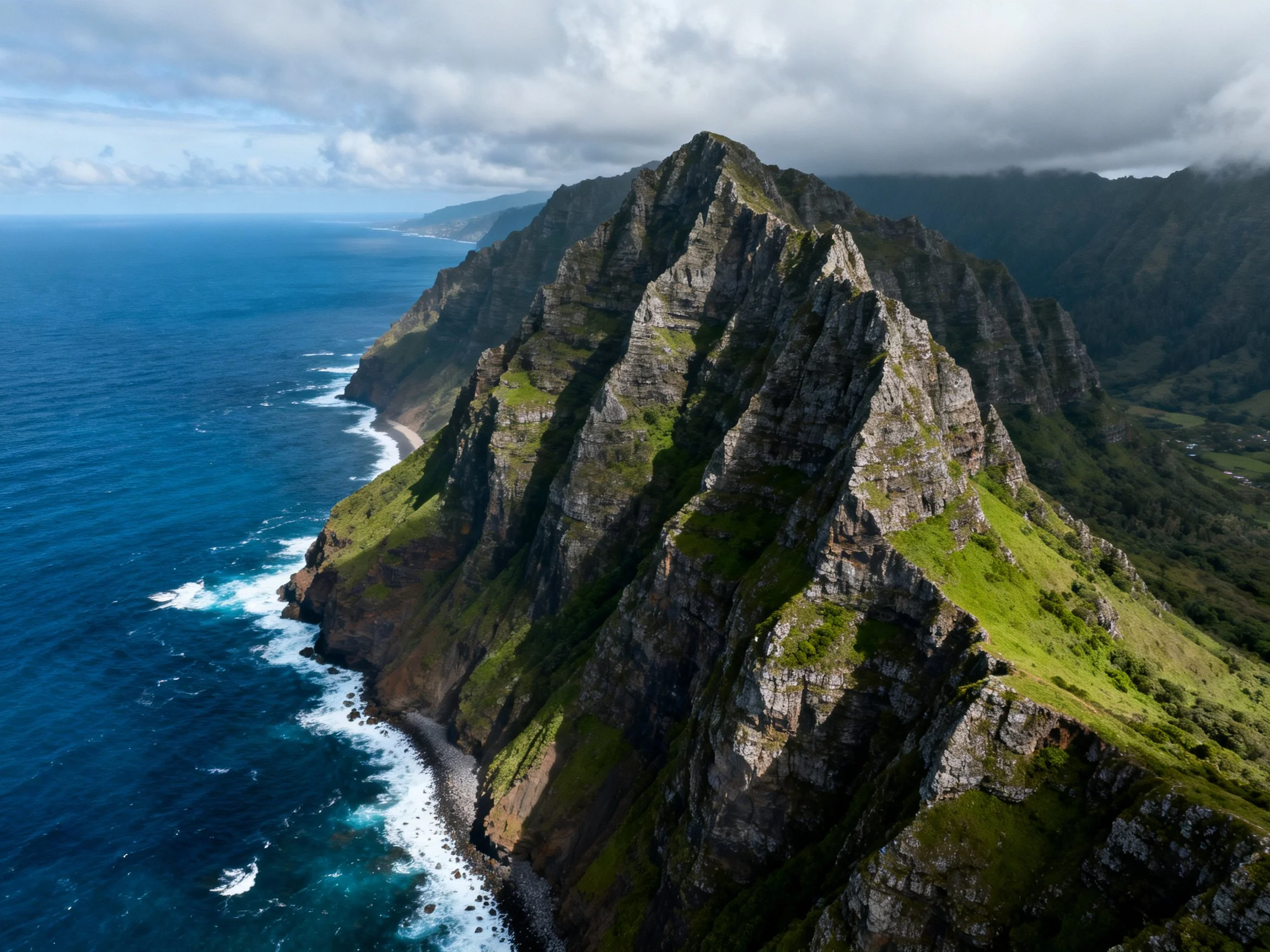 Dramatic Coastal Mountain Range with Jagged Peaks and Lush Green Slopes