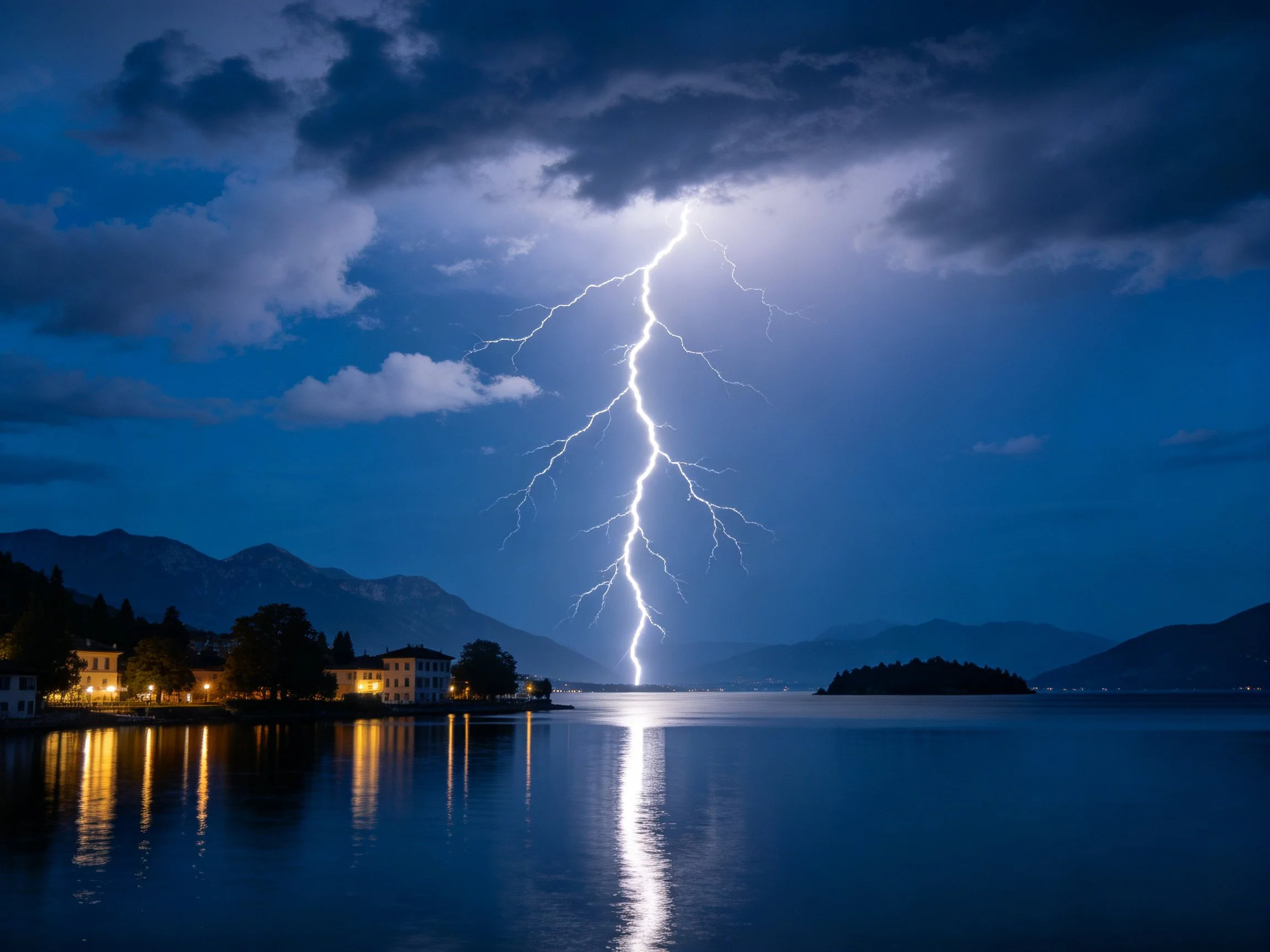 Dramatic Lightning Bolt Illuminates Twilight Lakeside Town