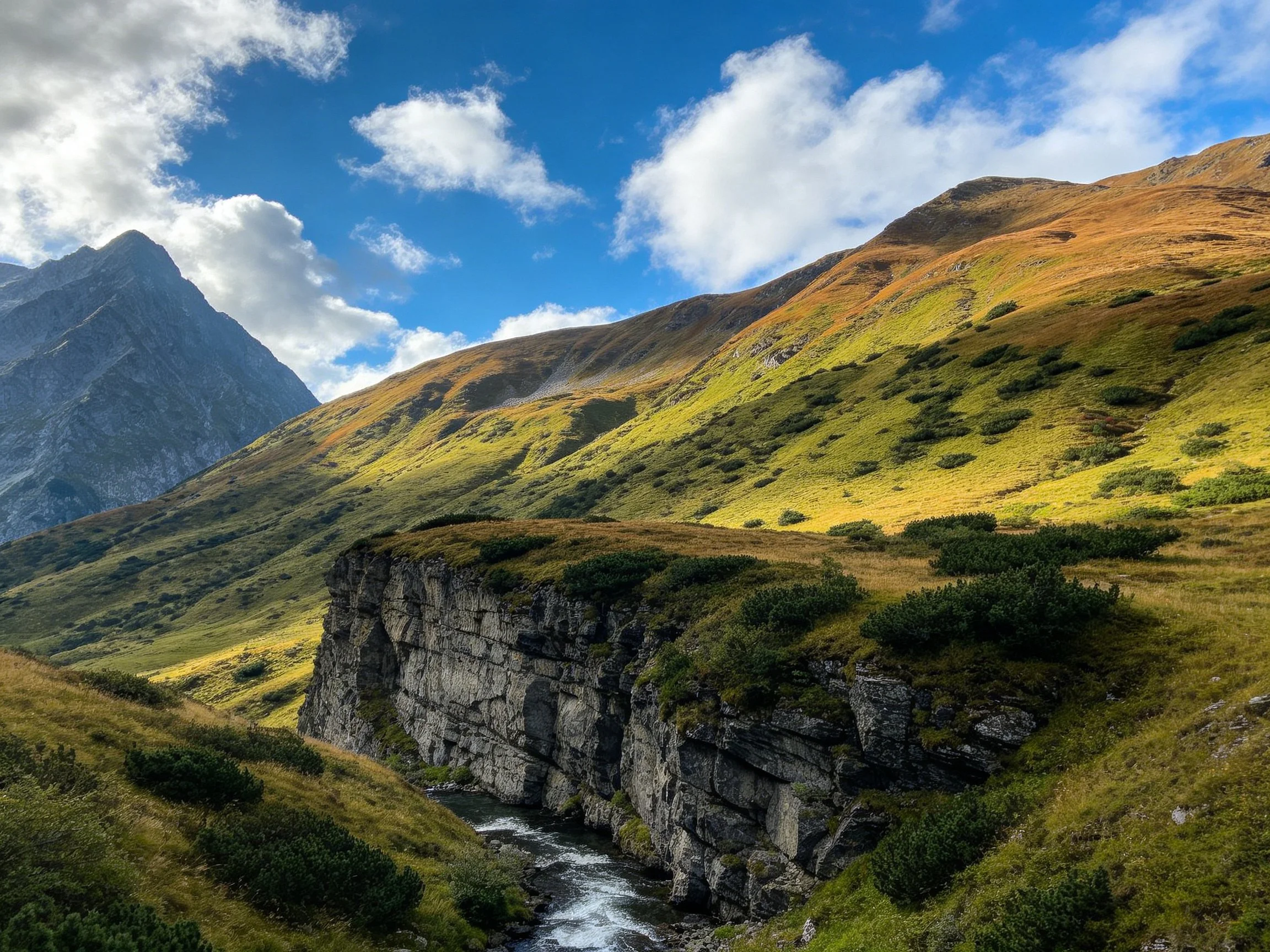 Dramatic Mountain Valley with Golden Hills and Rocky Canyon