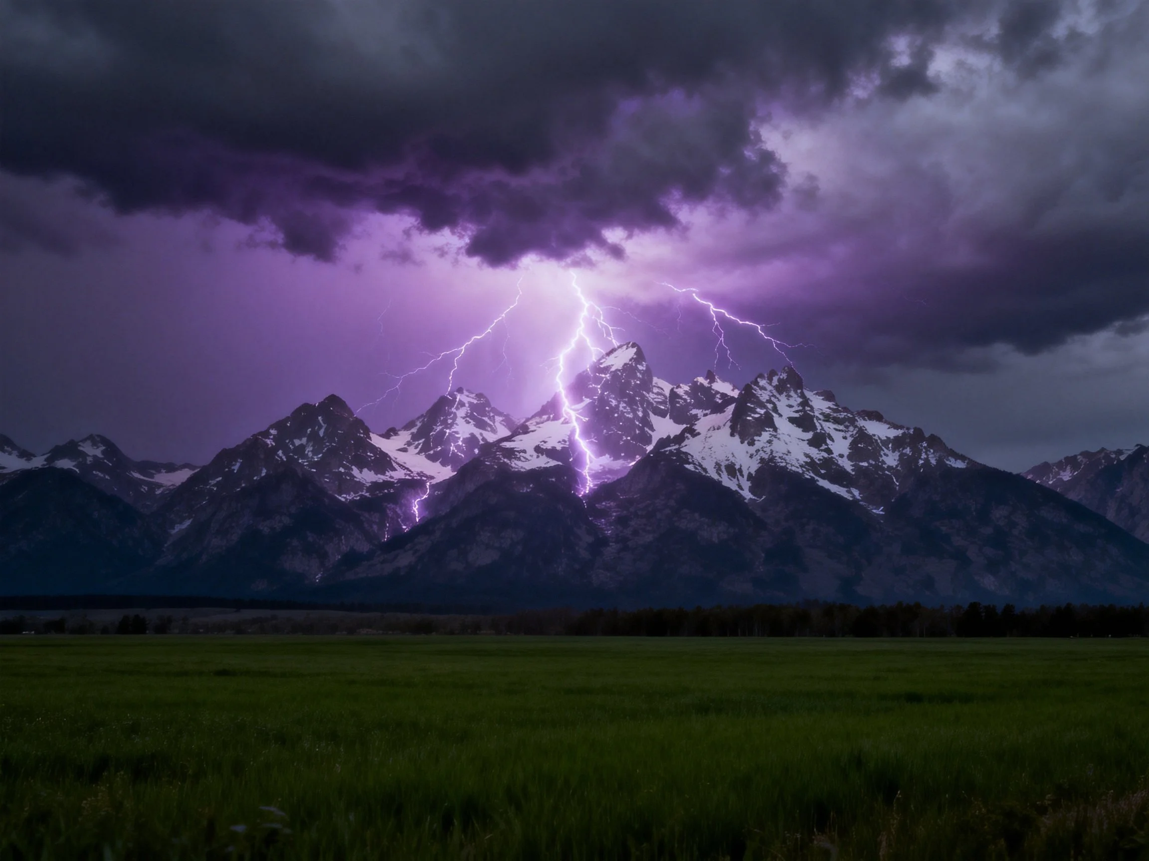 Dramatic Purple Lightning Striking Snow-Capped Mountain Peaks Under Dark Storm Clouds