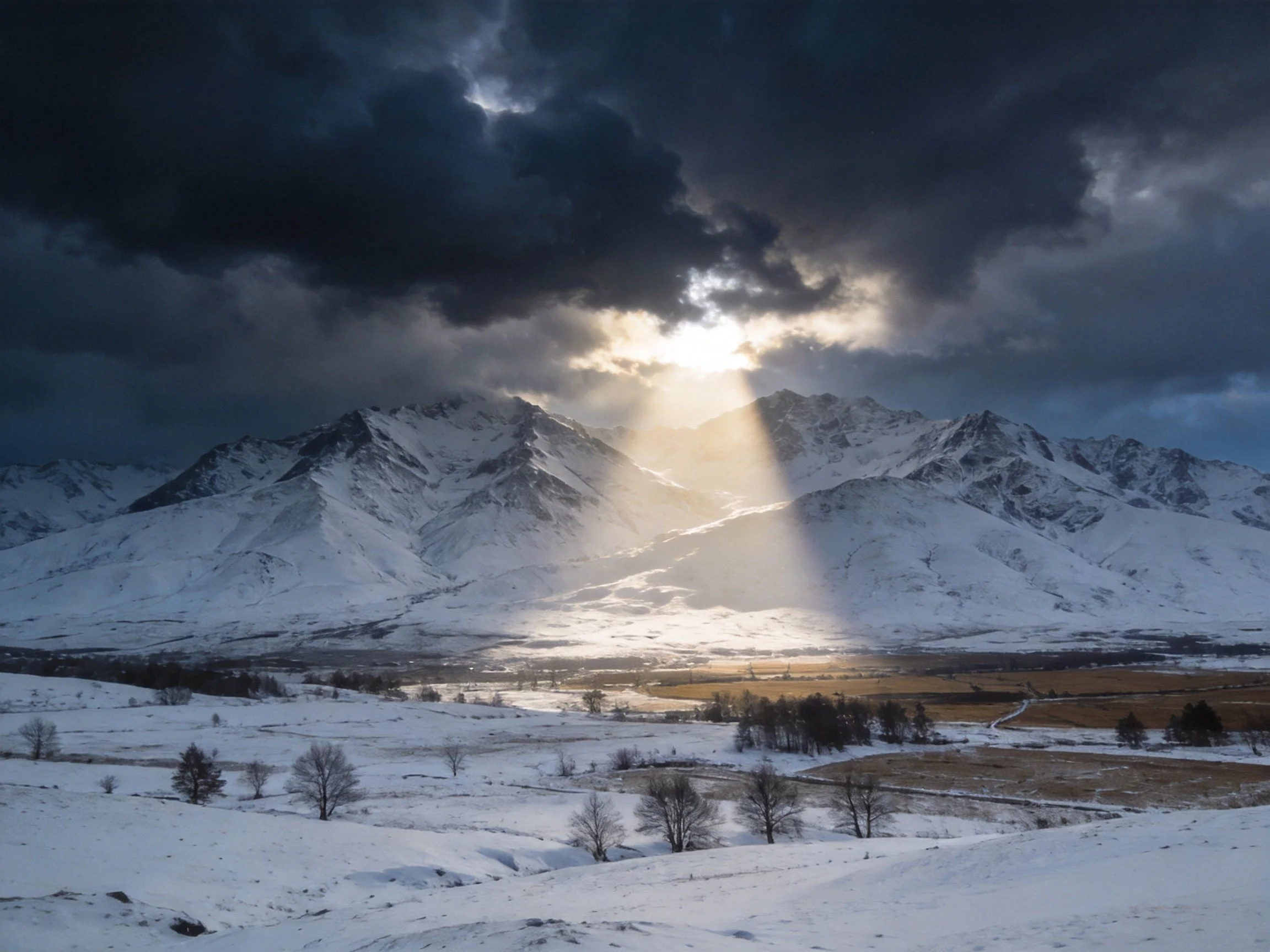 Dramatic Sunbeams Over Snowy Mountain Peaks