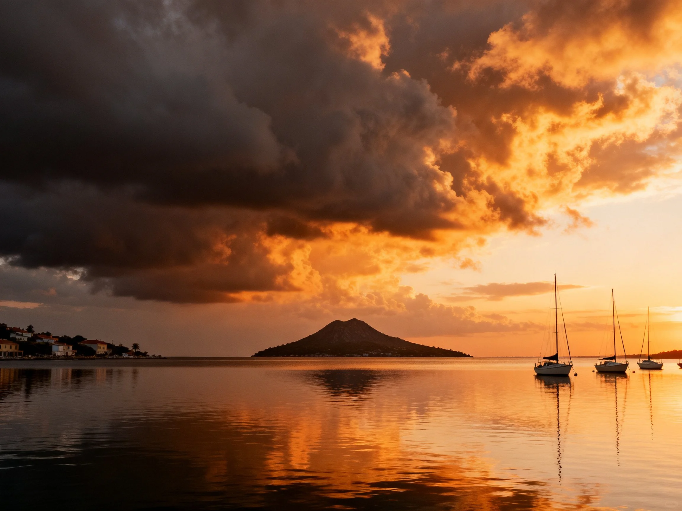 Dramatic Sunset Over Calm Waters With Sailboats and Volcanic Island