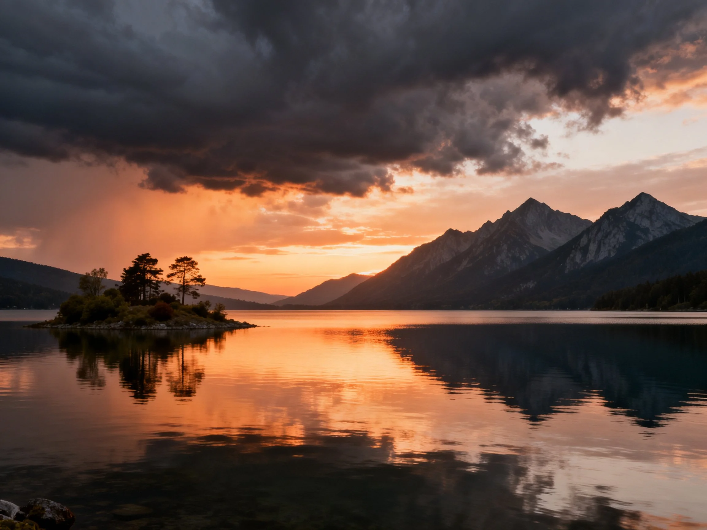 Dramatic Sunset Over Lake With Island and Mountain Reflections