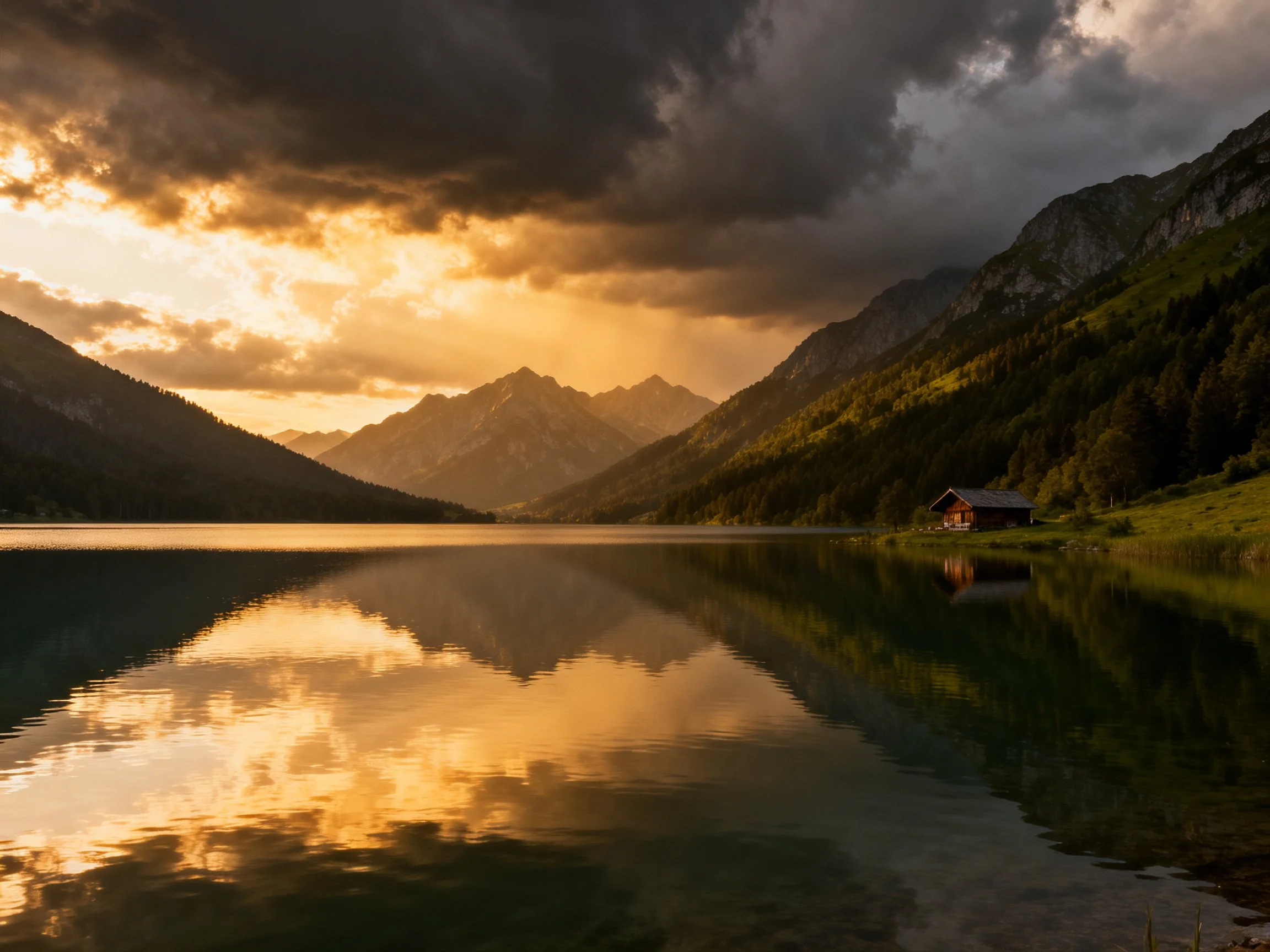 Dramatic Sunset Over Mountain Lake With Golden Reflections