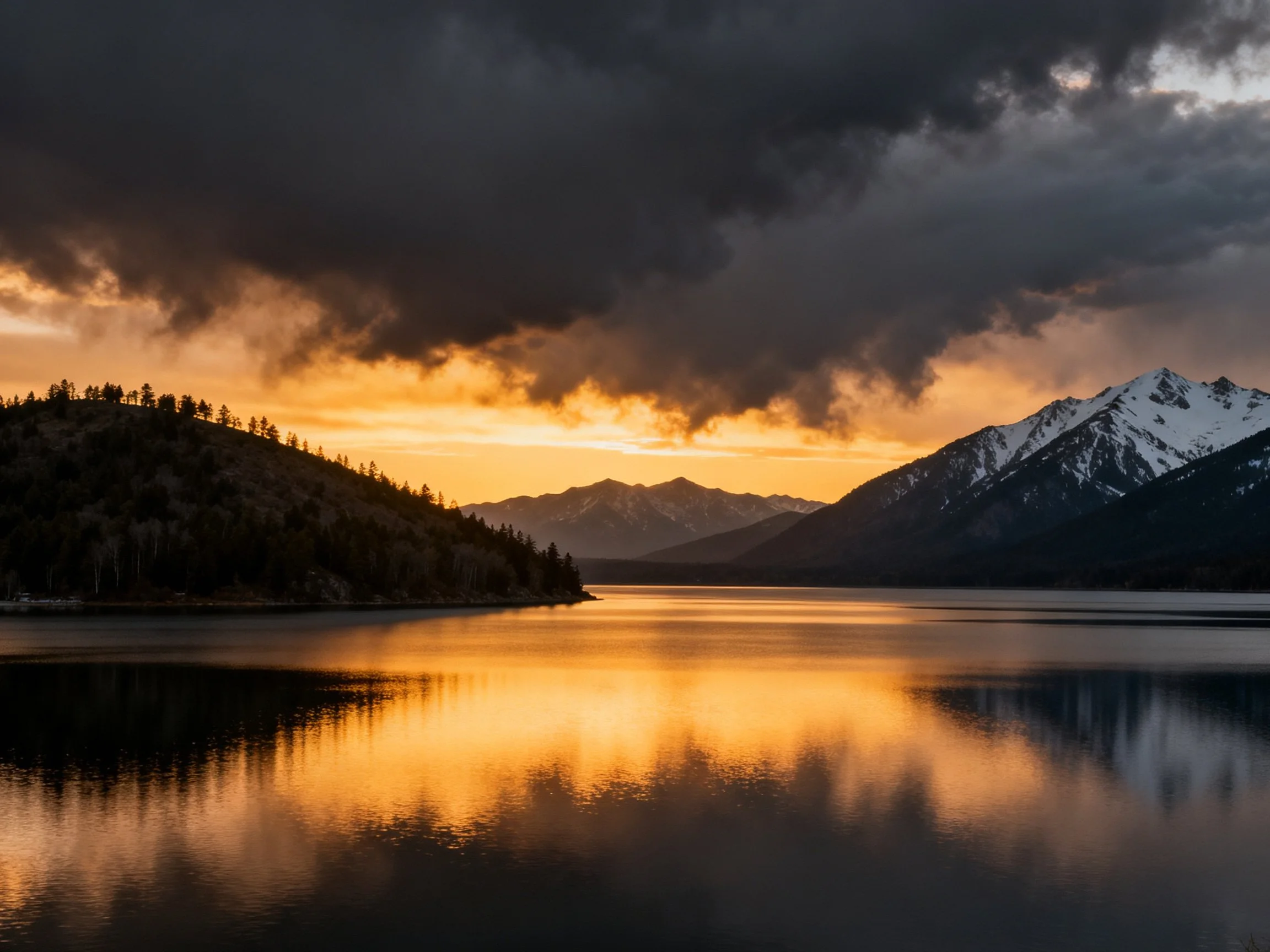 Dramatic Sunset Over Mountain Lake With Stormy Skies