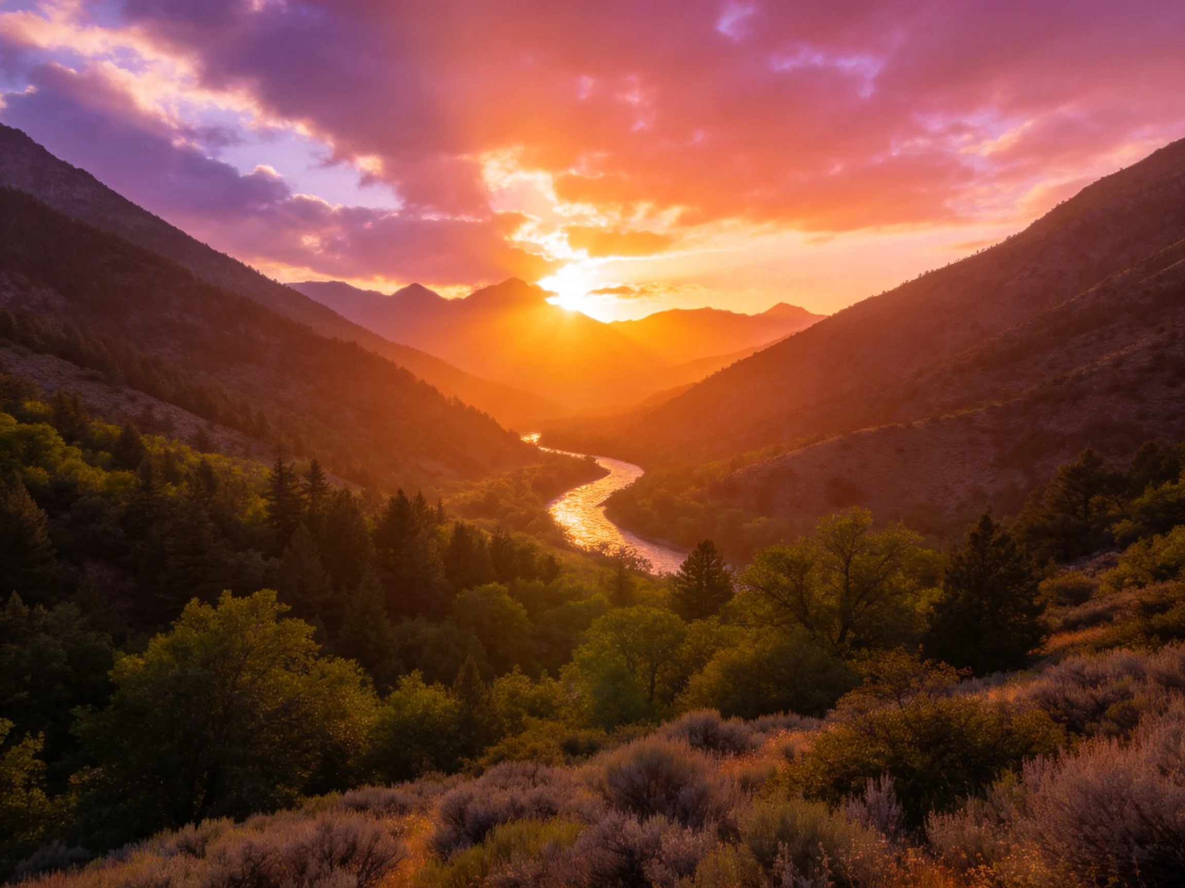 Dramatic Sunset Over Mountain Valley With Winding River