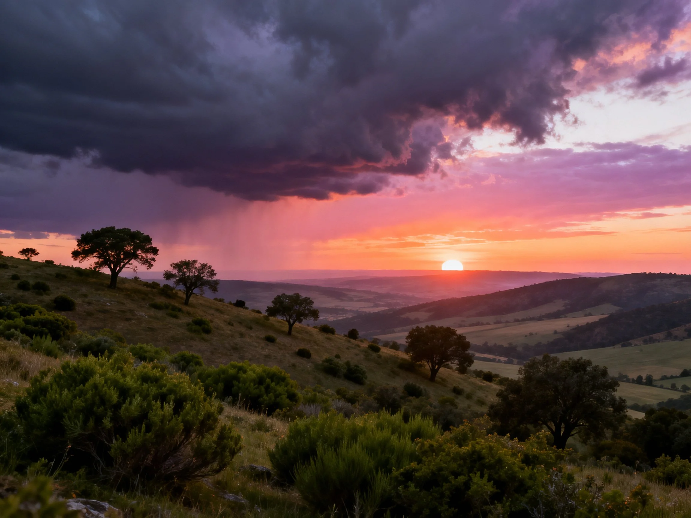 Dramatic Sunset Over Rolling Hills with Dark Storm Clouds