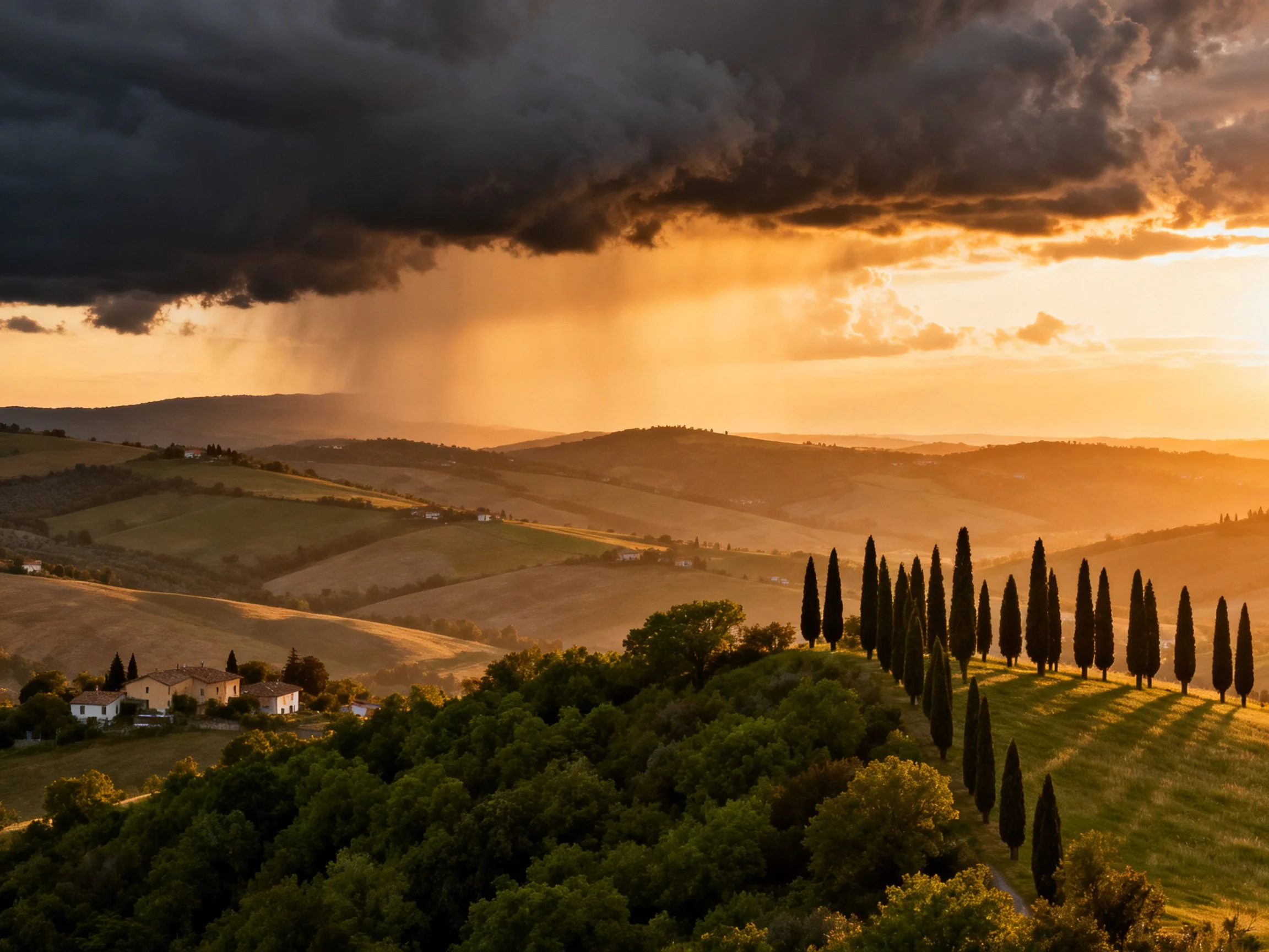 Dramatic Sunset Over Rolling Tuscan Hills with Storm Clouds
