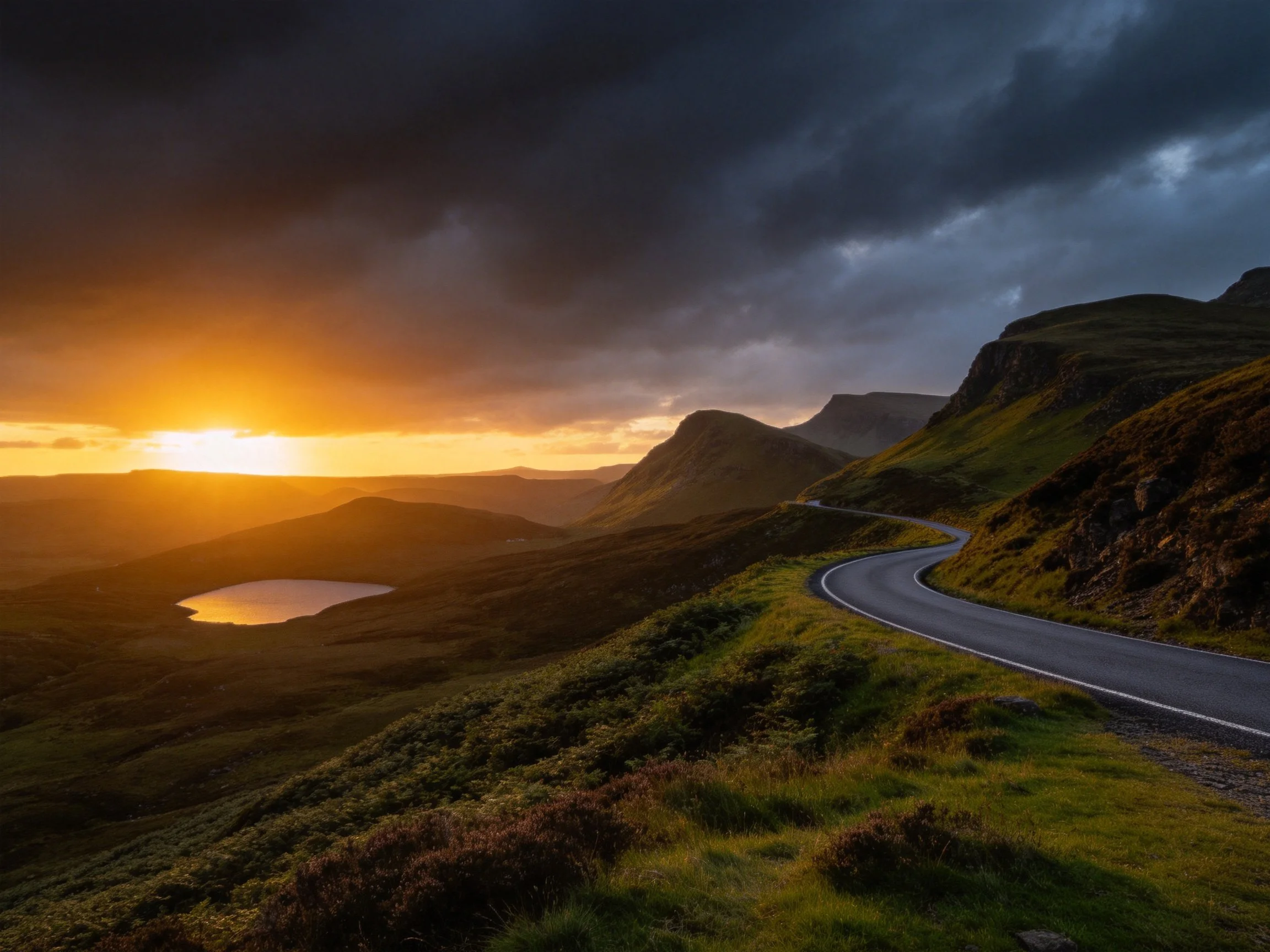 Dramatic Sunset Over Rugged Mountains With Curving Road
