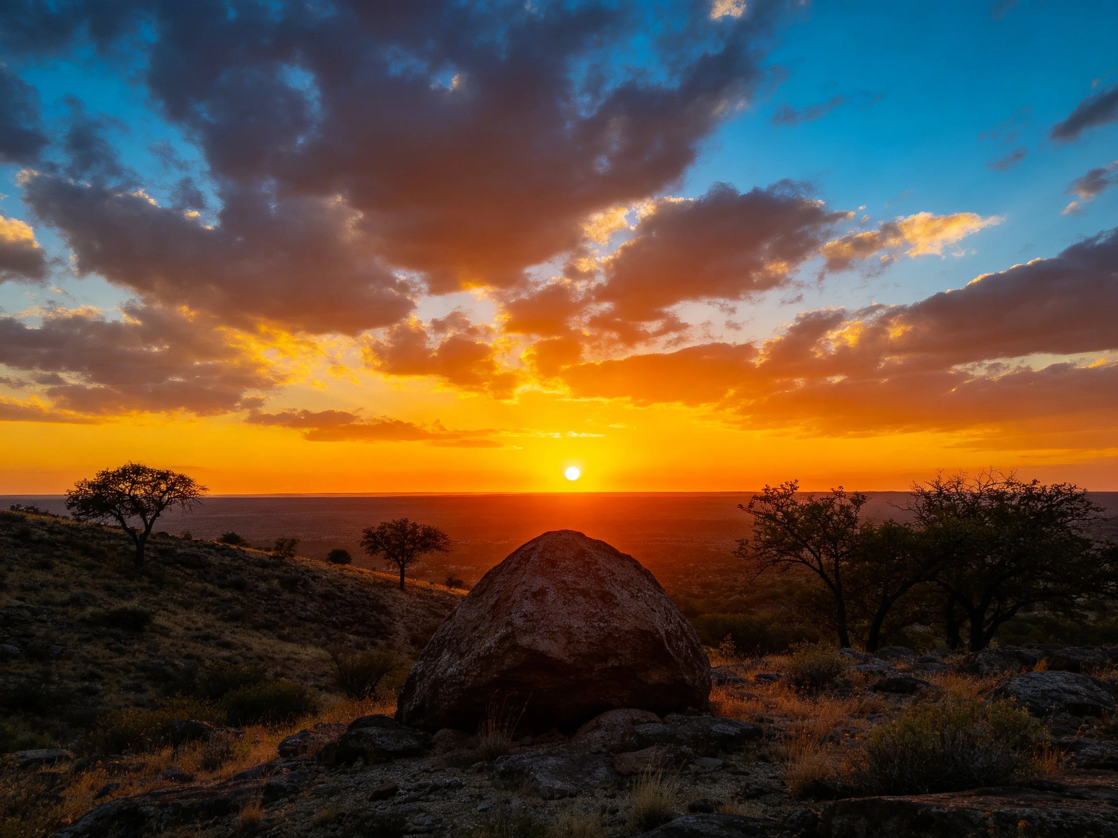 Dramatic Sunset over Rock-Strewn Terrain with Scattered Trees