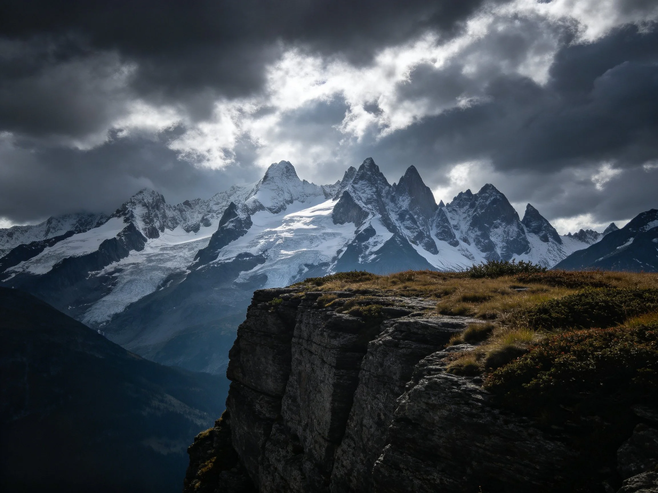 Dramatic alpine peaks with dark stormy clouds overhead