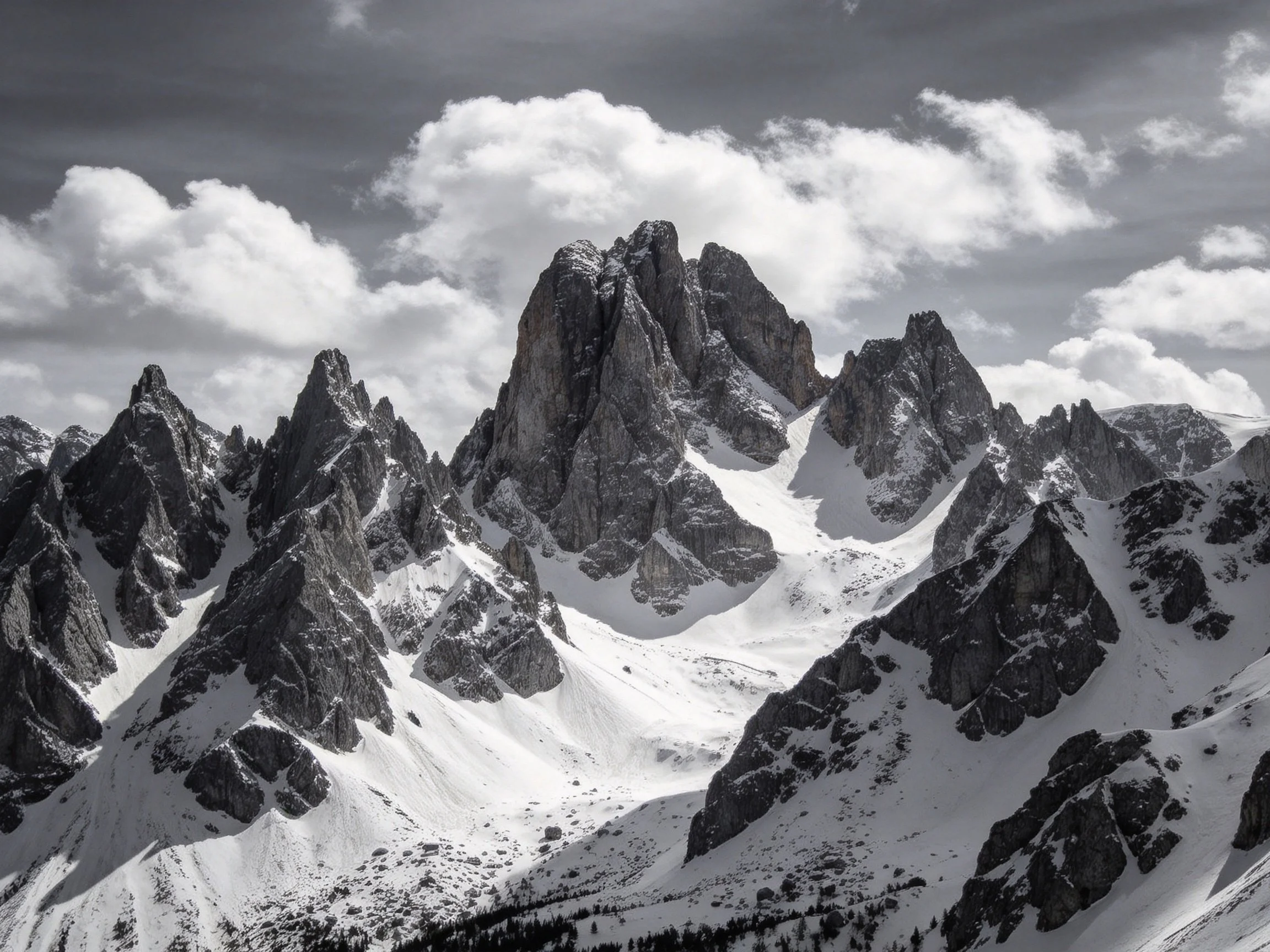 Dramatic black and white view of rugged, snow-draped mountain peaks