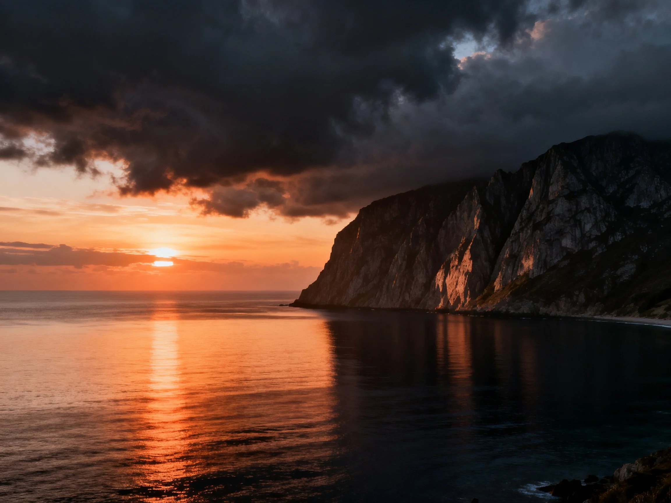 Dramatic coastal sunset with dark storm clouds