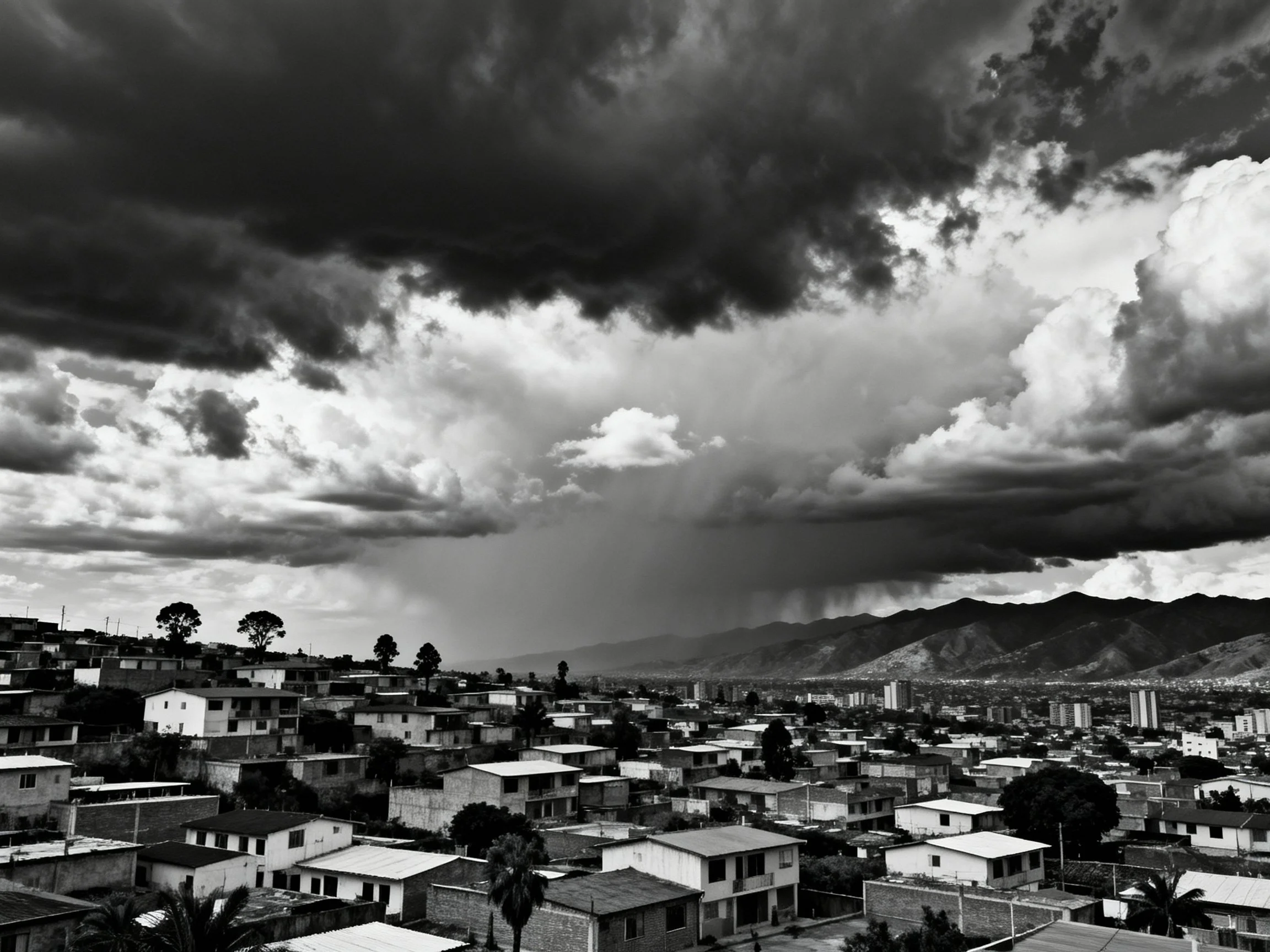 Dramatic dark storm clouds over residential mountain cityscape